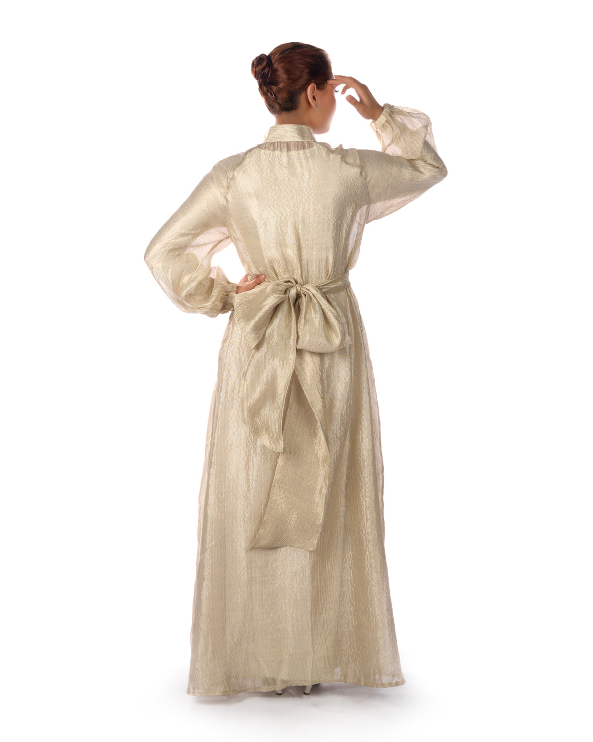 Beige Silver Kaftan With Sunflower Embroidered Organza