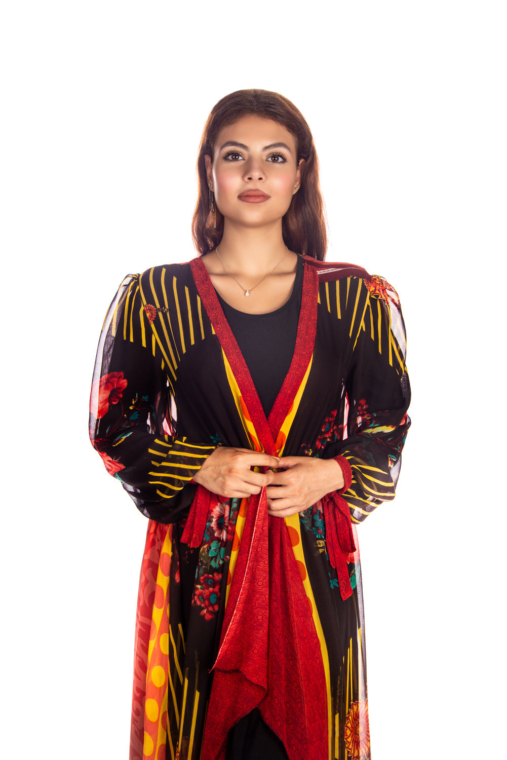 Peach Tulle Bisht With Sequence Design