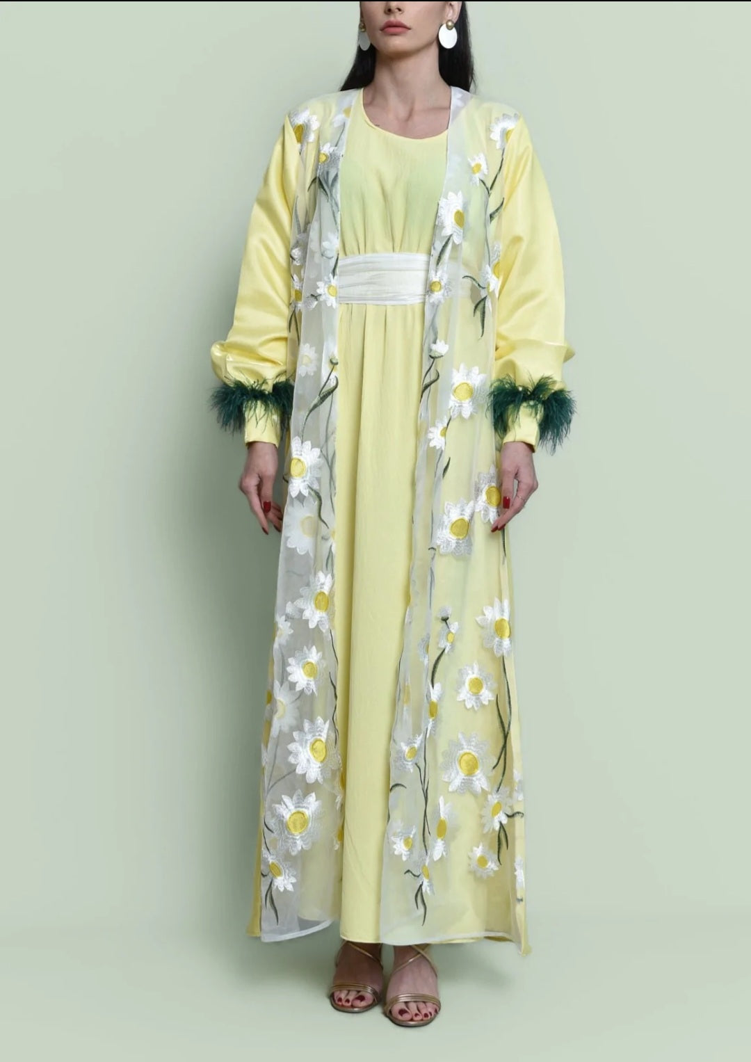 Yellow Organza Embroidered Kaftan