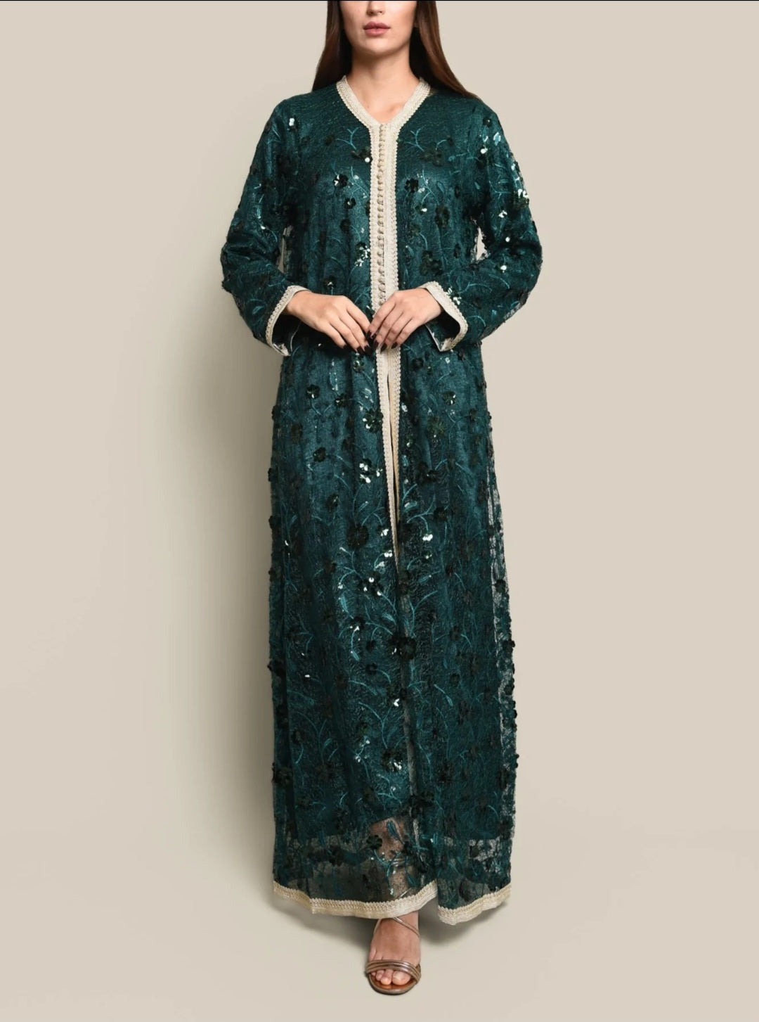 Green Tulle Sequence Embroidered Kaftan
