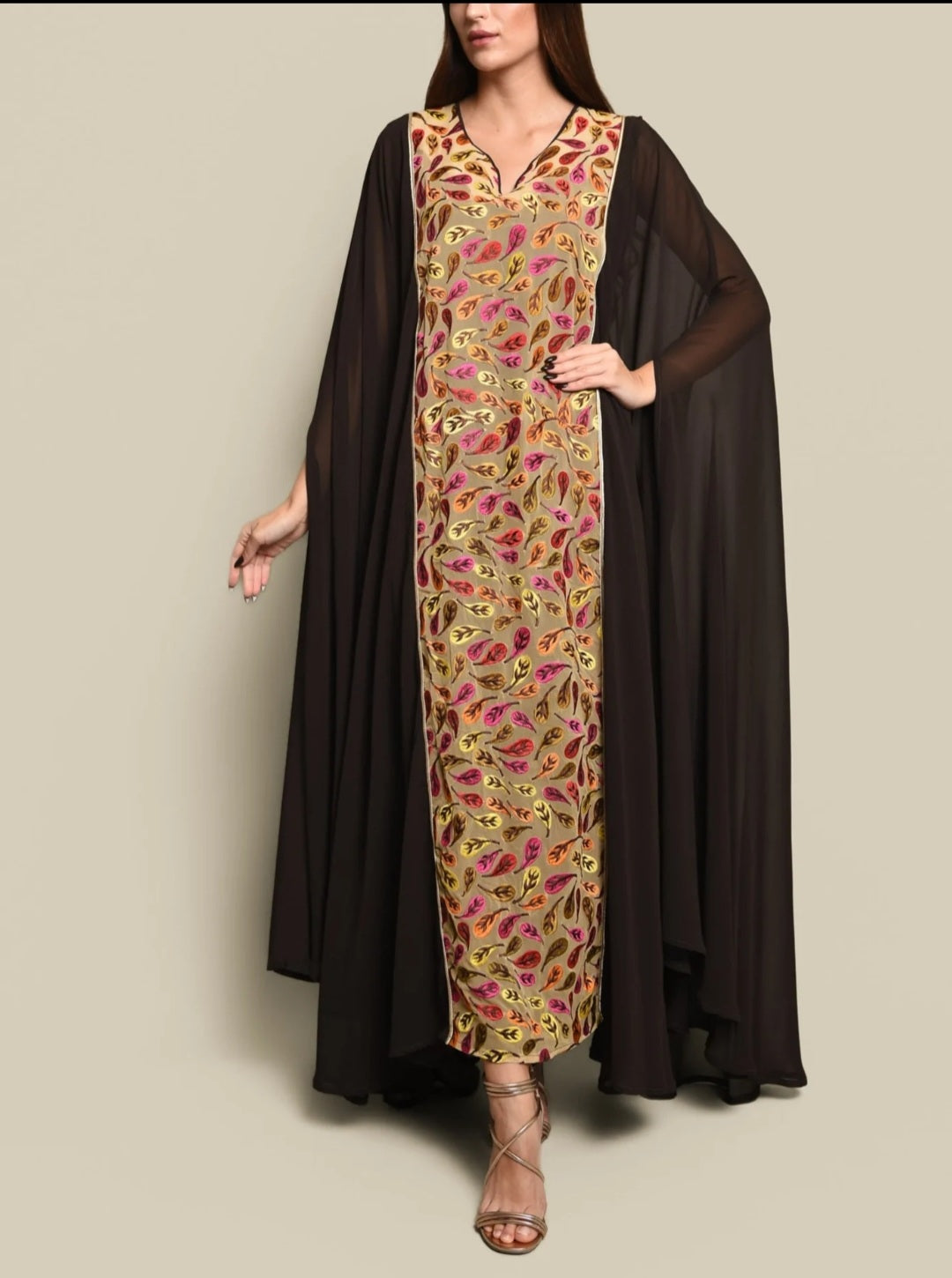 Brown Chiffon Embroidered Kaftan Dress