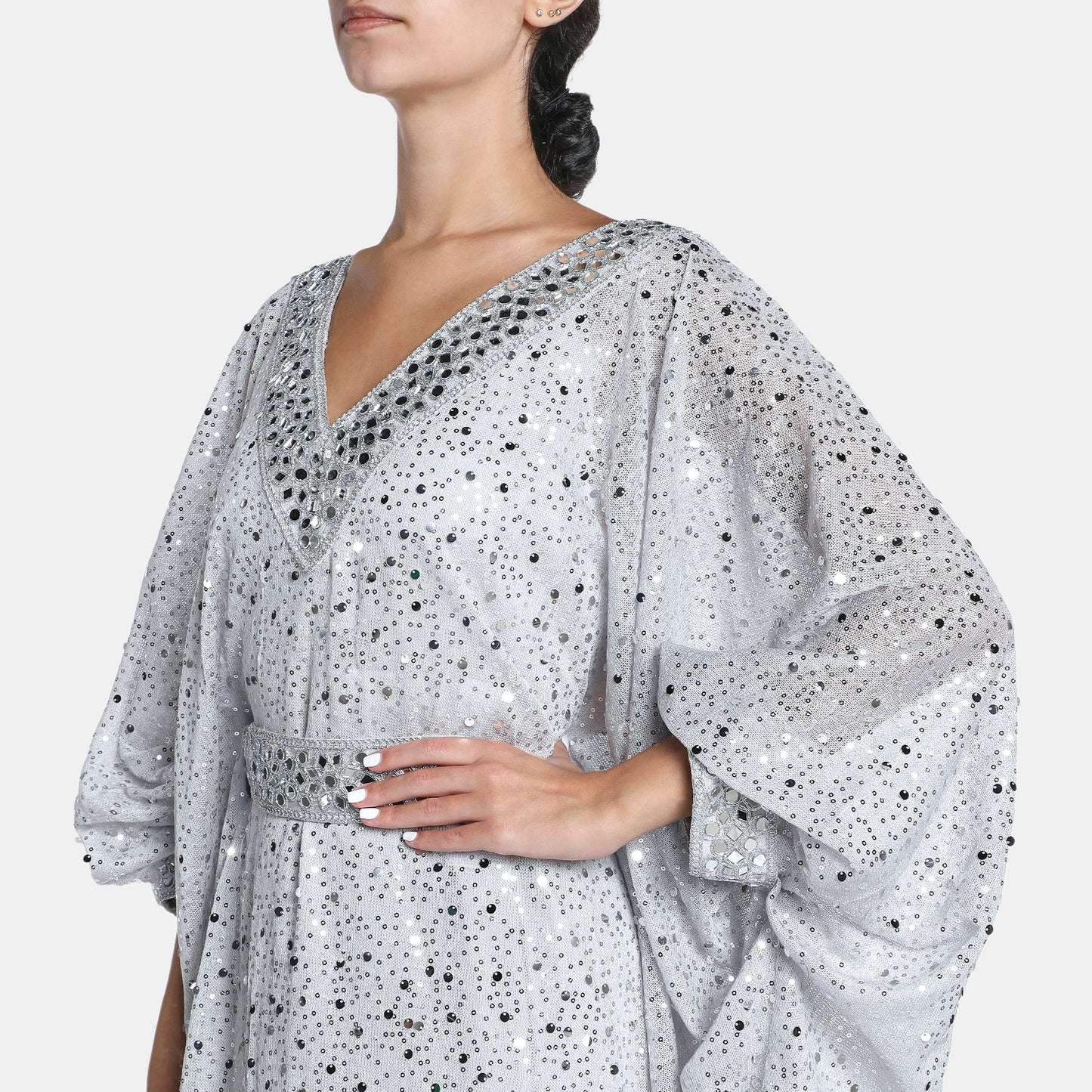 Silver Embellished Kaftan Dress With V Neckline And Billowy Sleeves