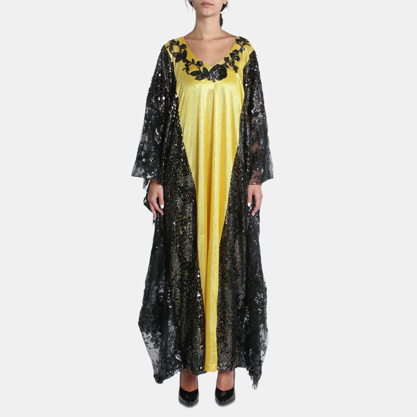 Black And Yellow Abaya With Sequince Trimmings