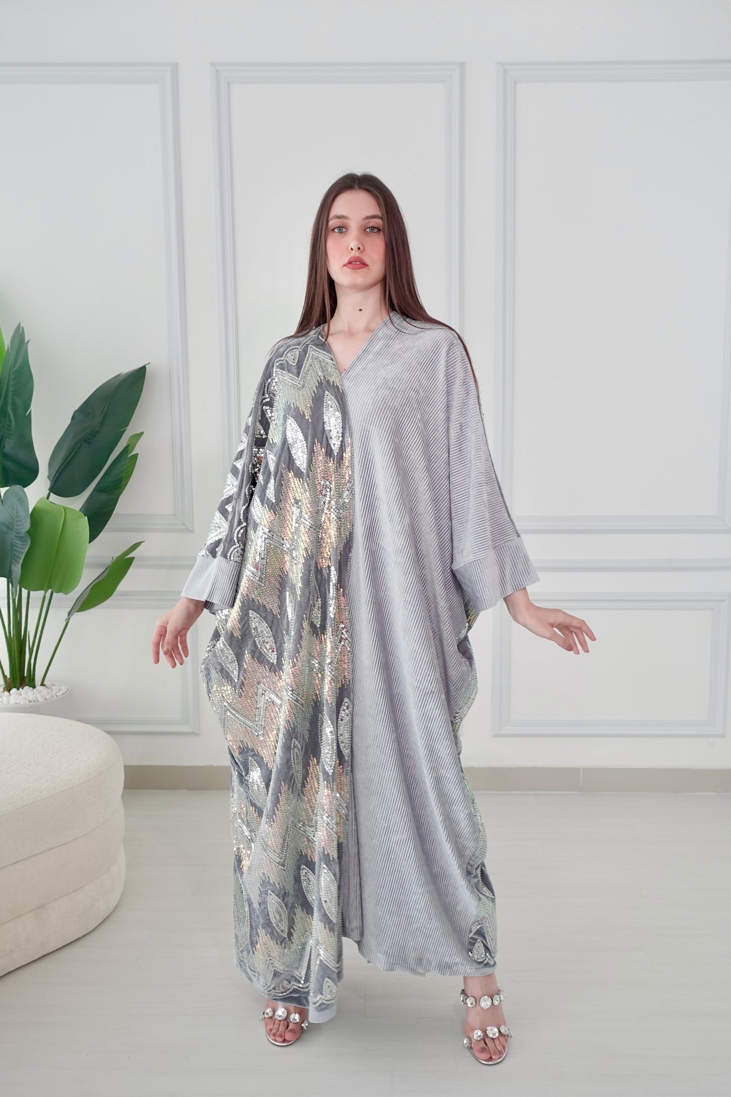 Velvet Silver Beads Embroiderd Bisht