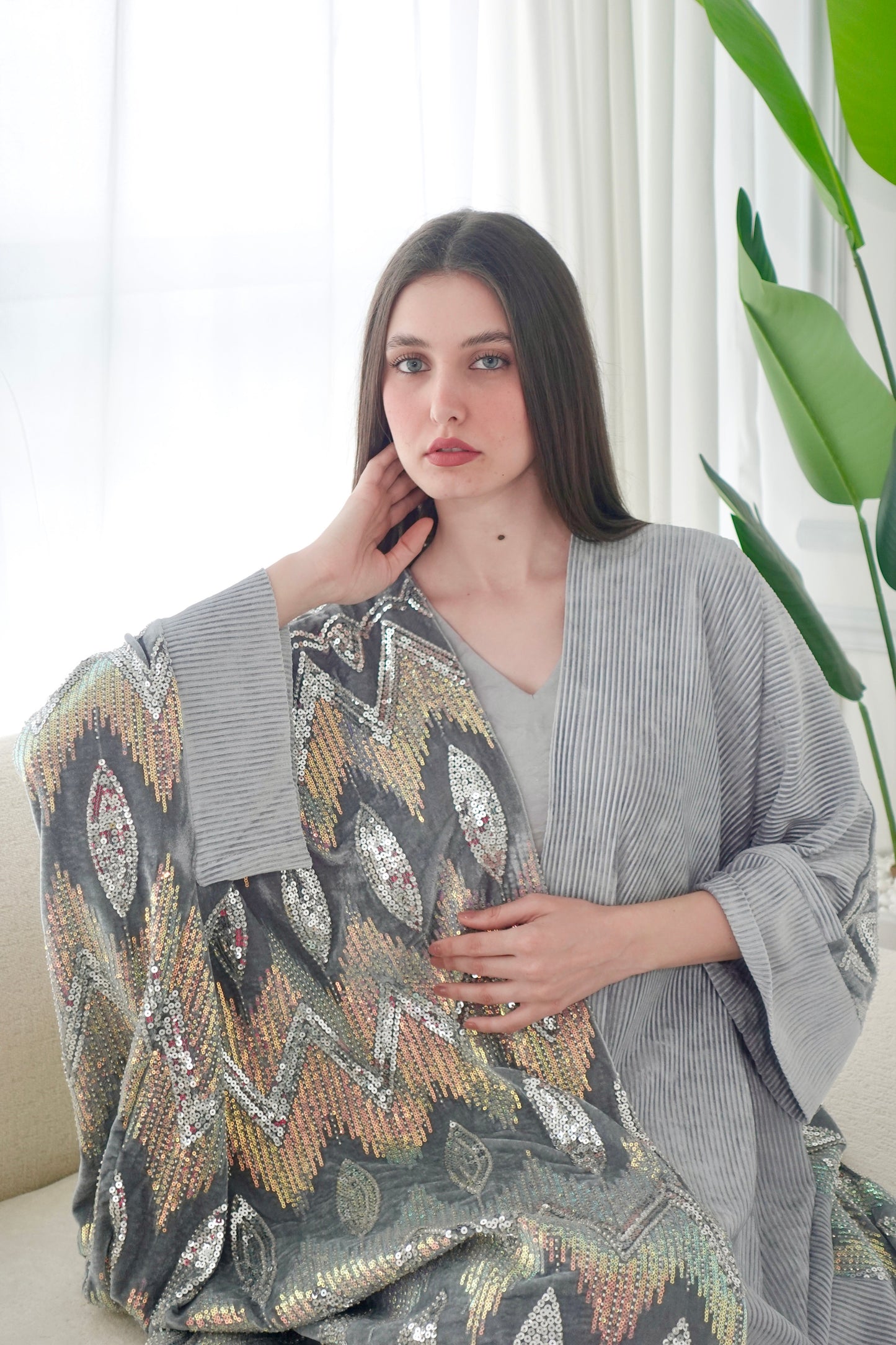 Velvet Silver Beads Embroiderd Bisht