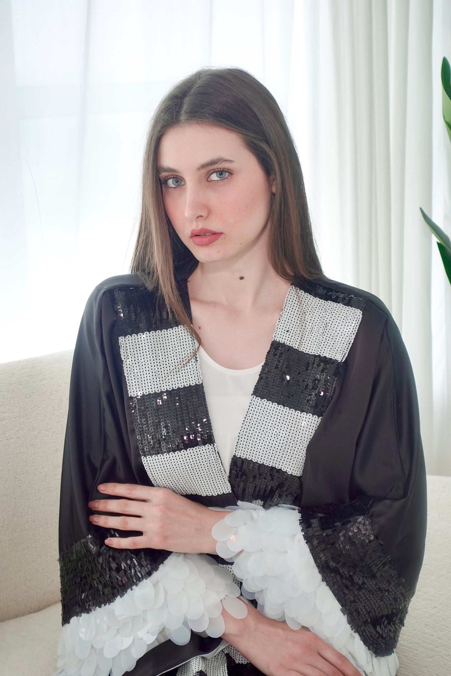 Black And White Embroidered Bisht With Belt