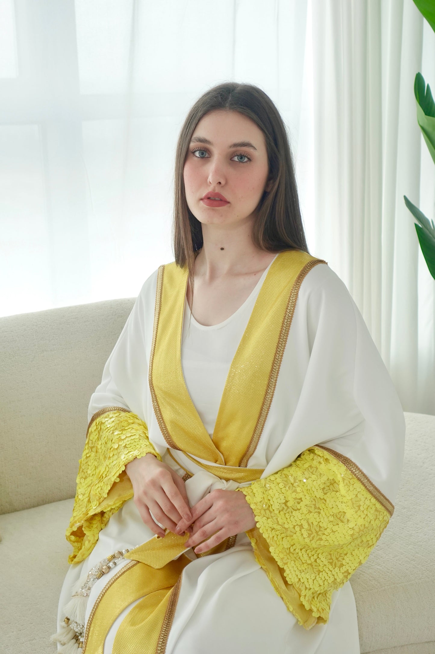 White And Yellow Embroidered Bisht With Belt