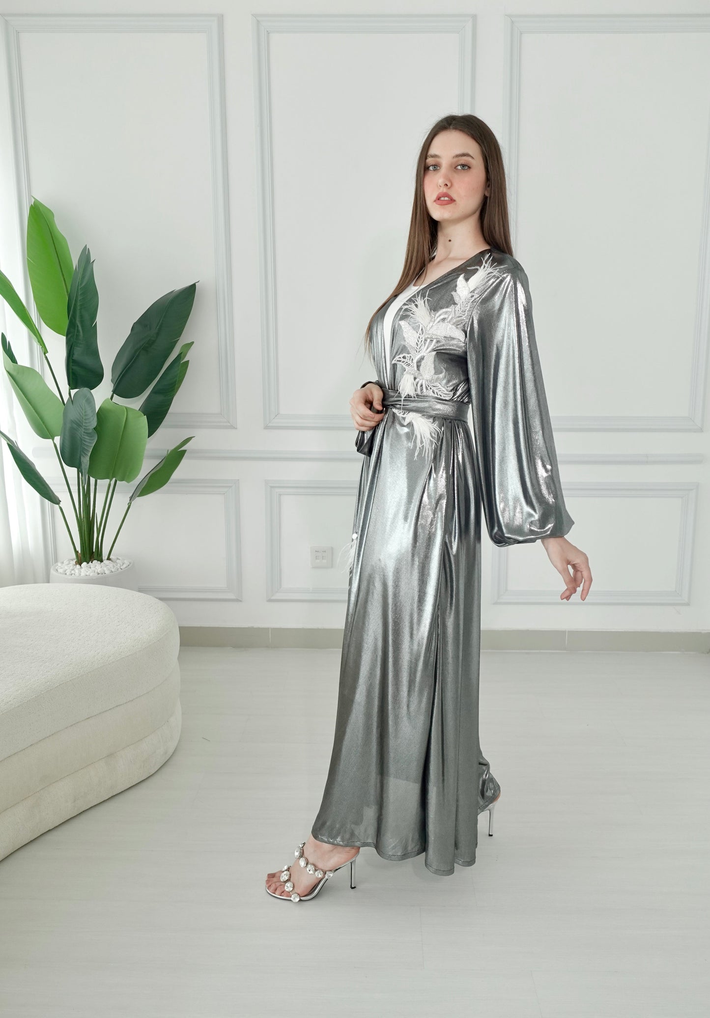 Shiny Silver Embroidered Kaftan