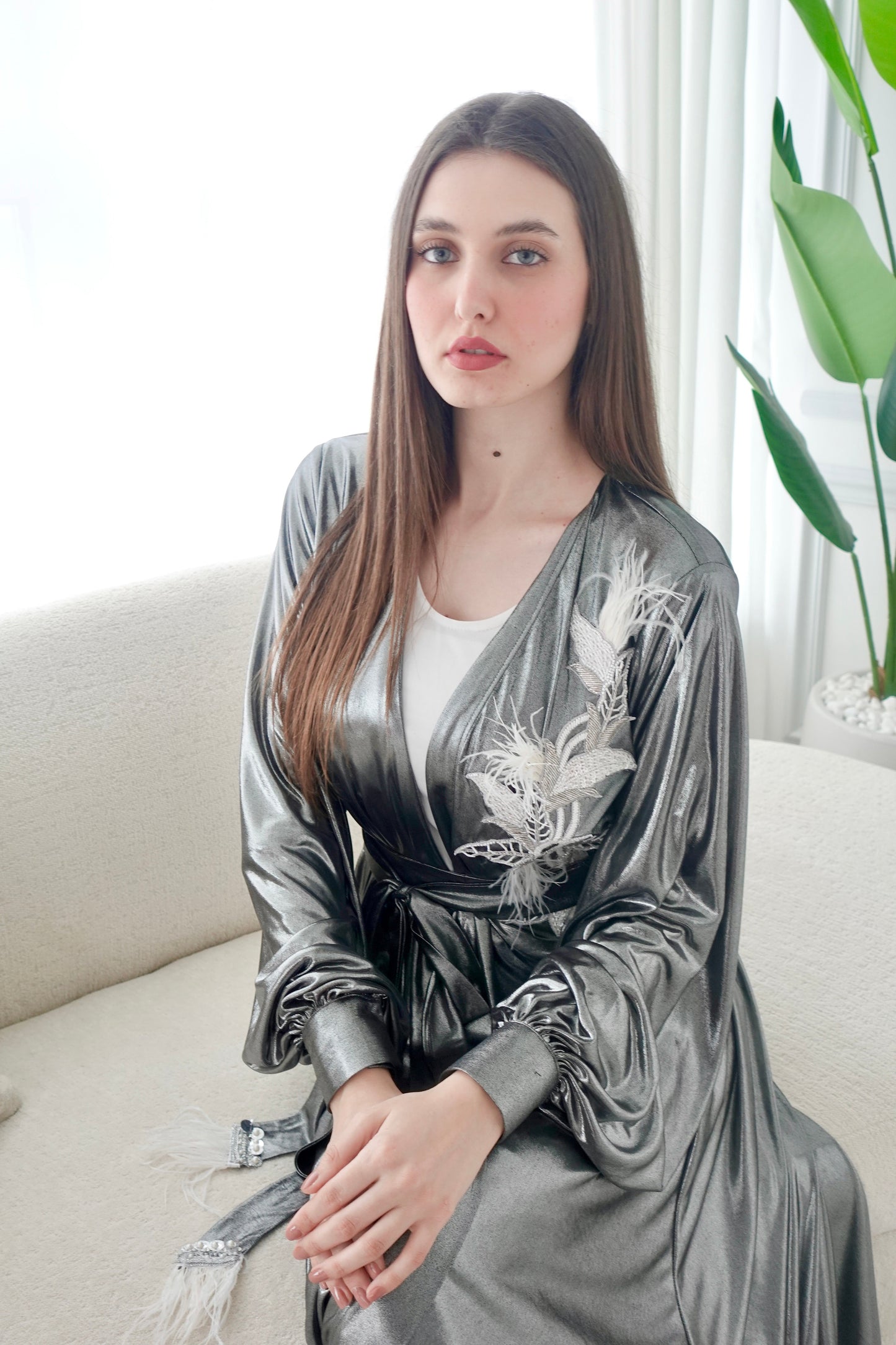 Shiny Silver Embroidered Kaftan