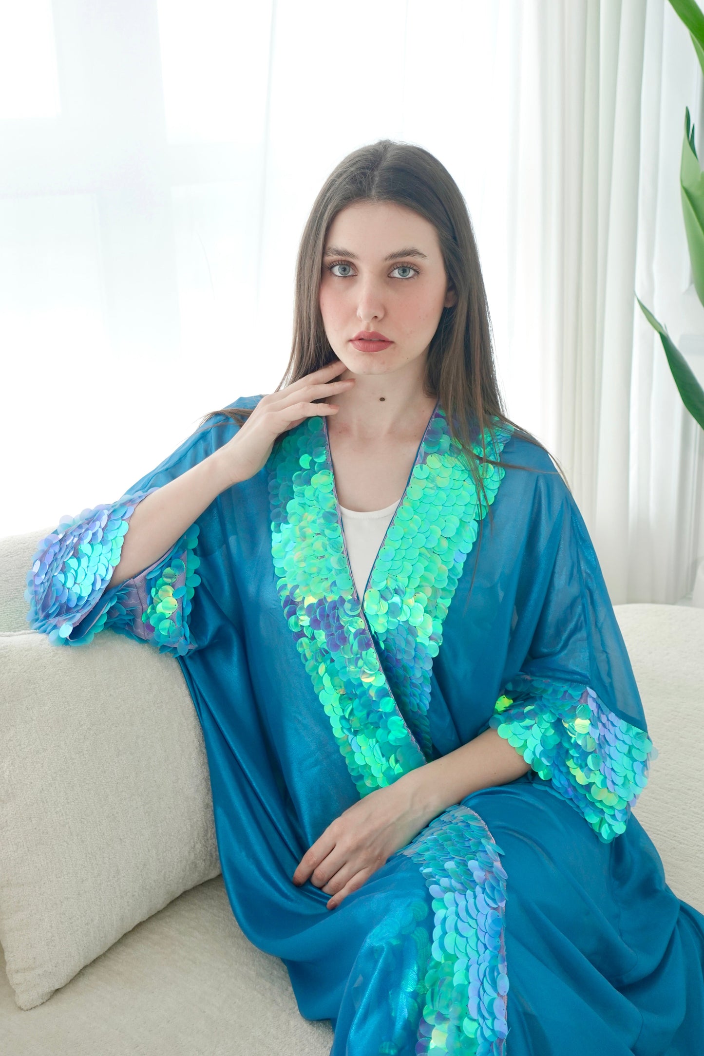 Shiny Blue Bisht With Sequence Embroidery