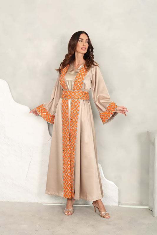 Beige Silver Kaftan With Sunflower Embroidered Organza