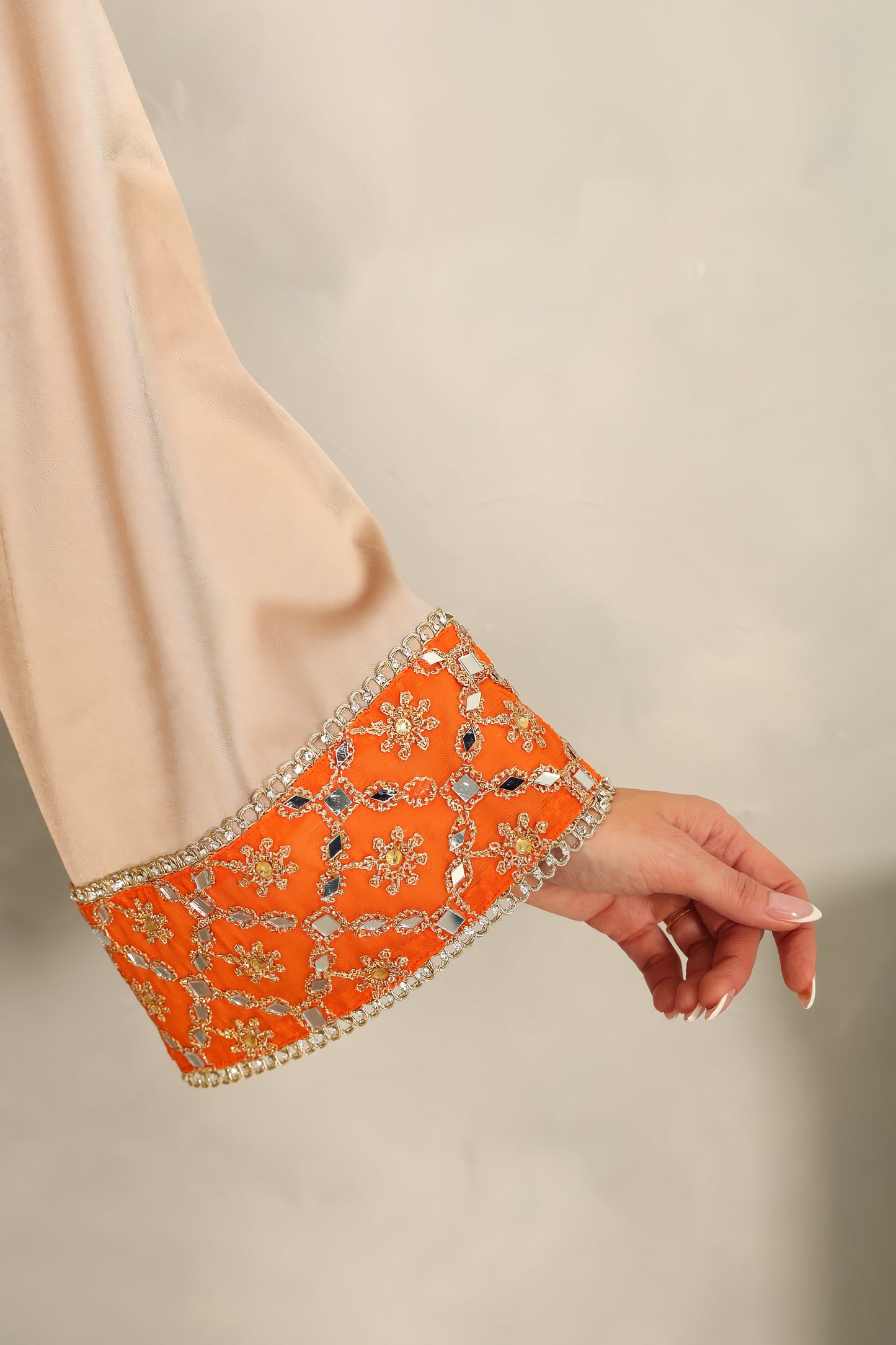 Beige Embroidered Crepe Satin Kaftan