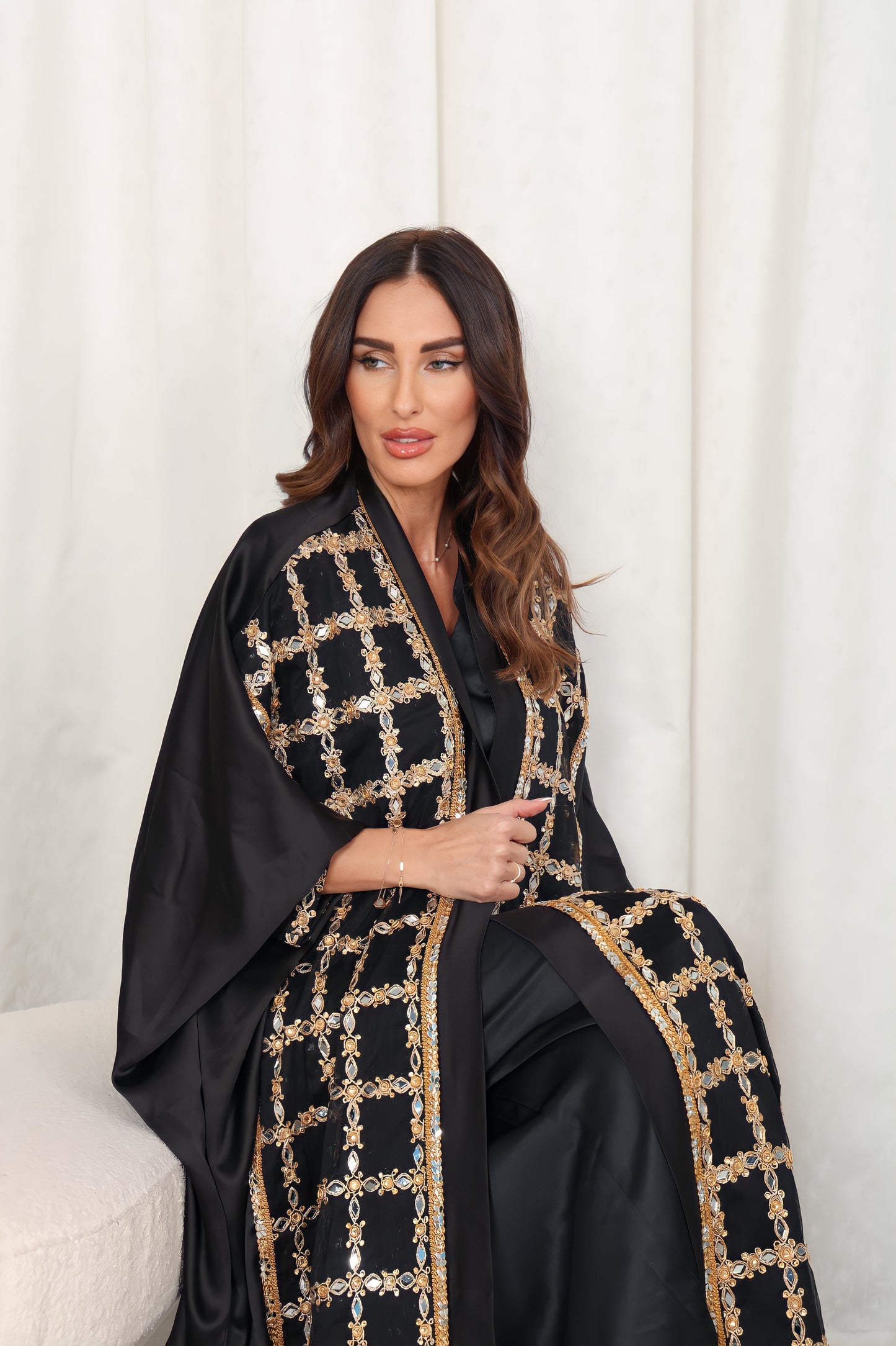Black Embroidered Crepe Satin Abaya