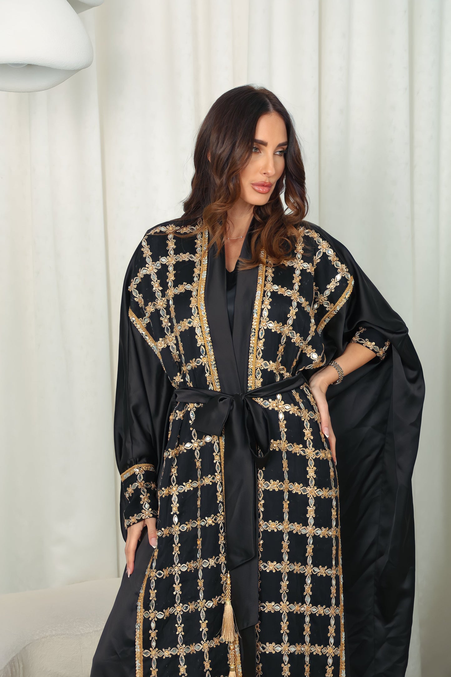 Black silk Abaya with Mirrors stones