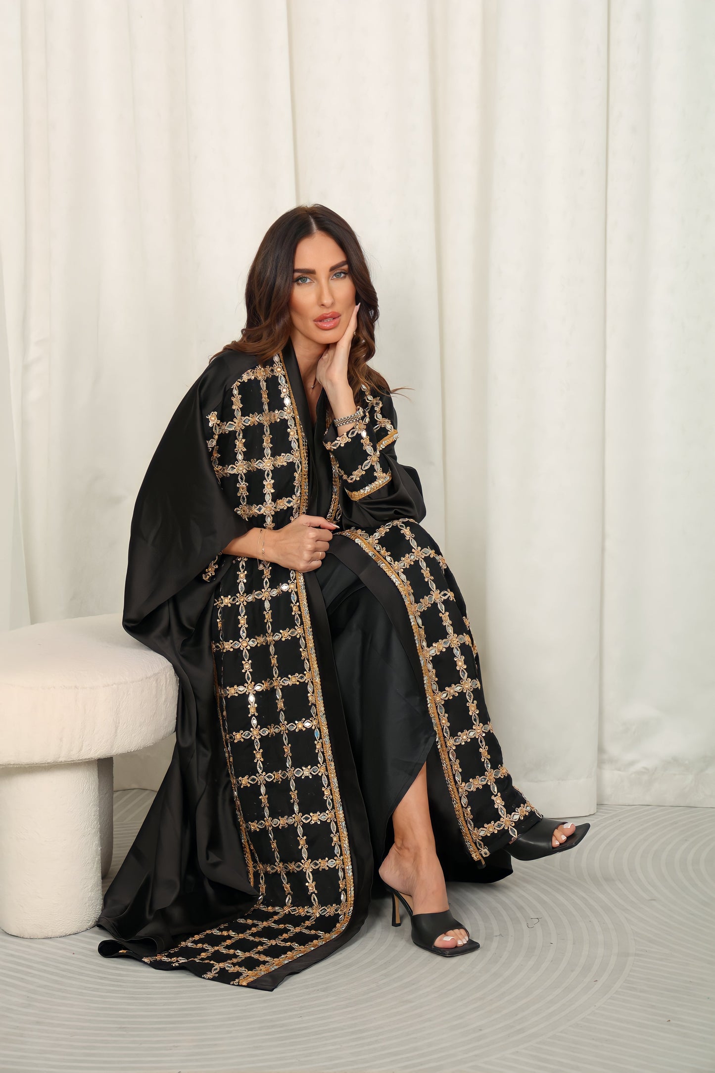 Black silk Abaya with Mirrors stones