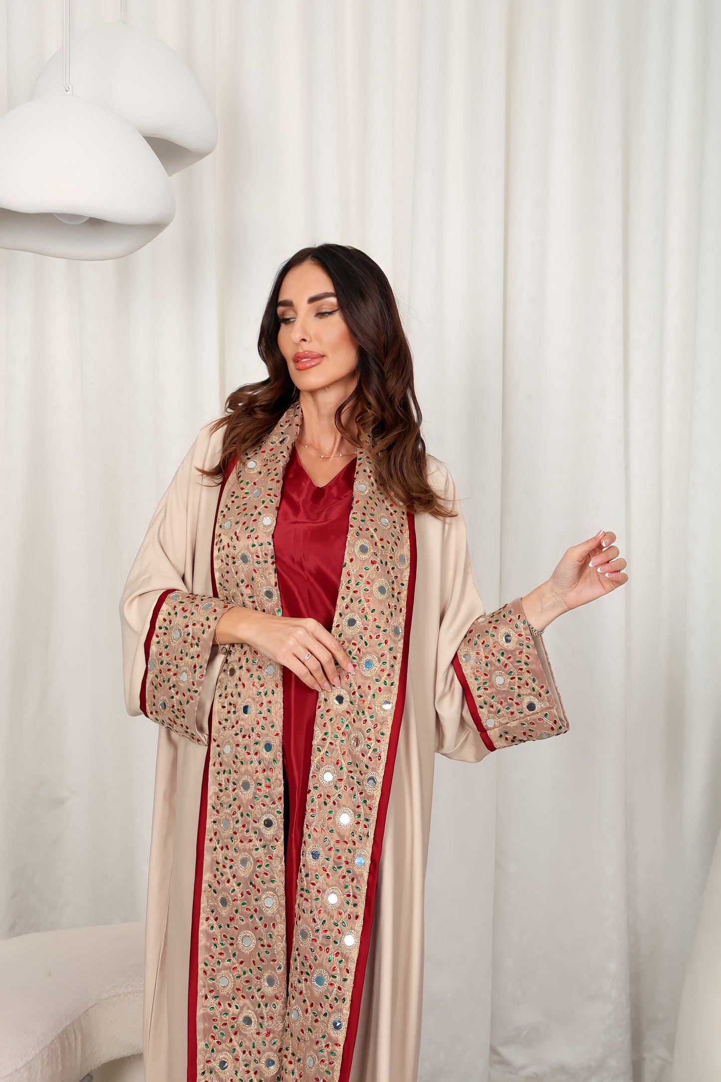 Beige Embroidered Crepe Abaya