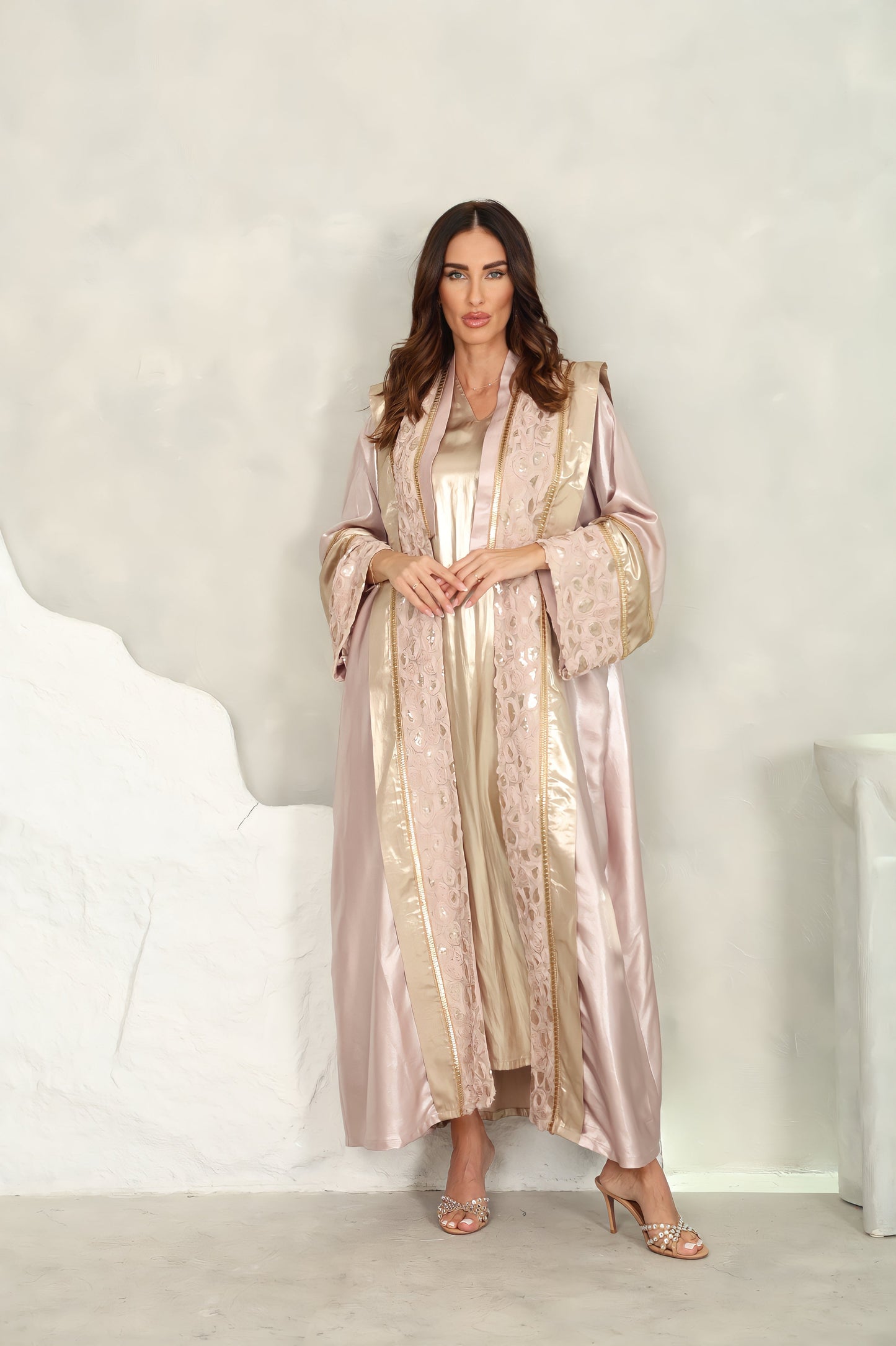 White Abaya – Taffta With Sequence Embroidery Off Design