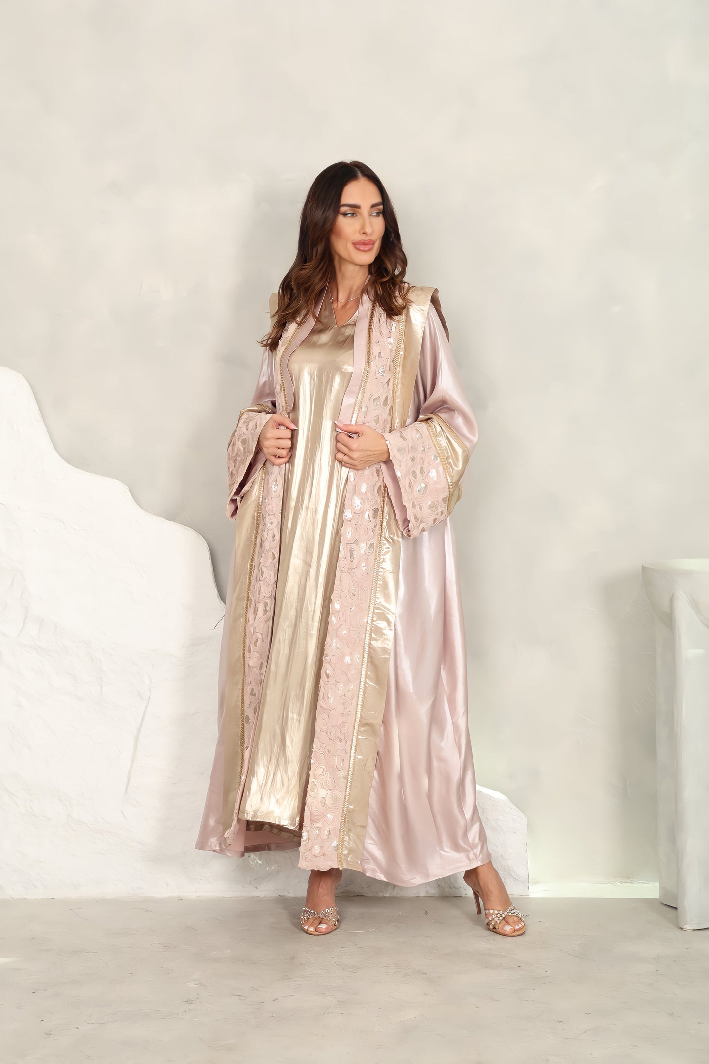 White Abaya – Taffta With Sequence Embroidery Off Design