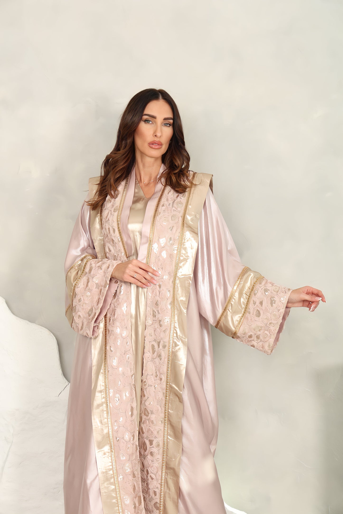 White Abaya – Taffta With Sequence Embroidery Off Design