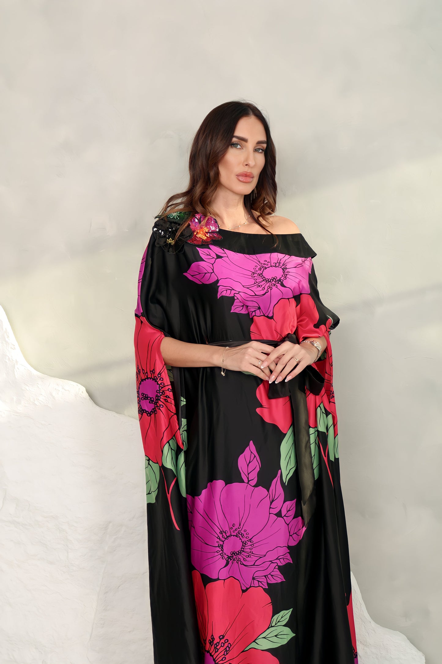 Silk Black – Printed With 3d Embroidered Flowers Design