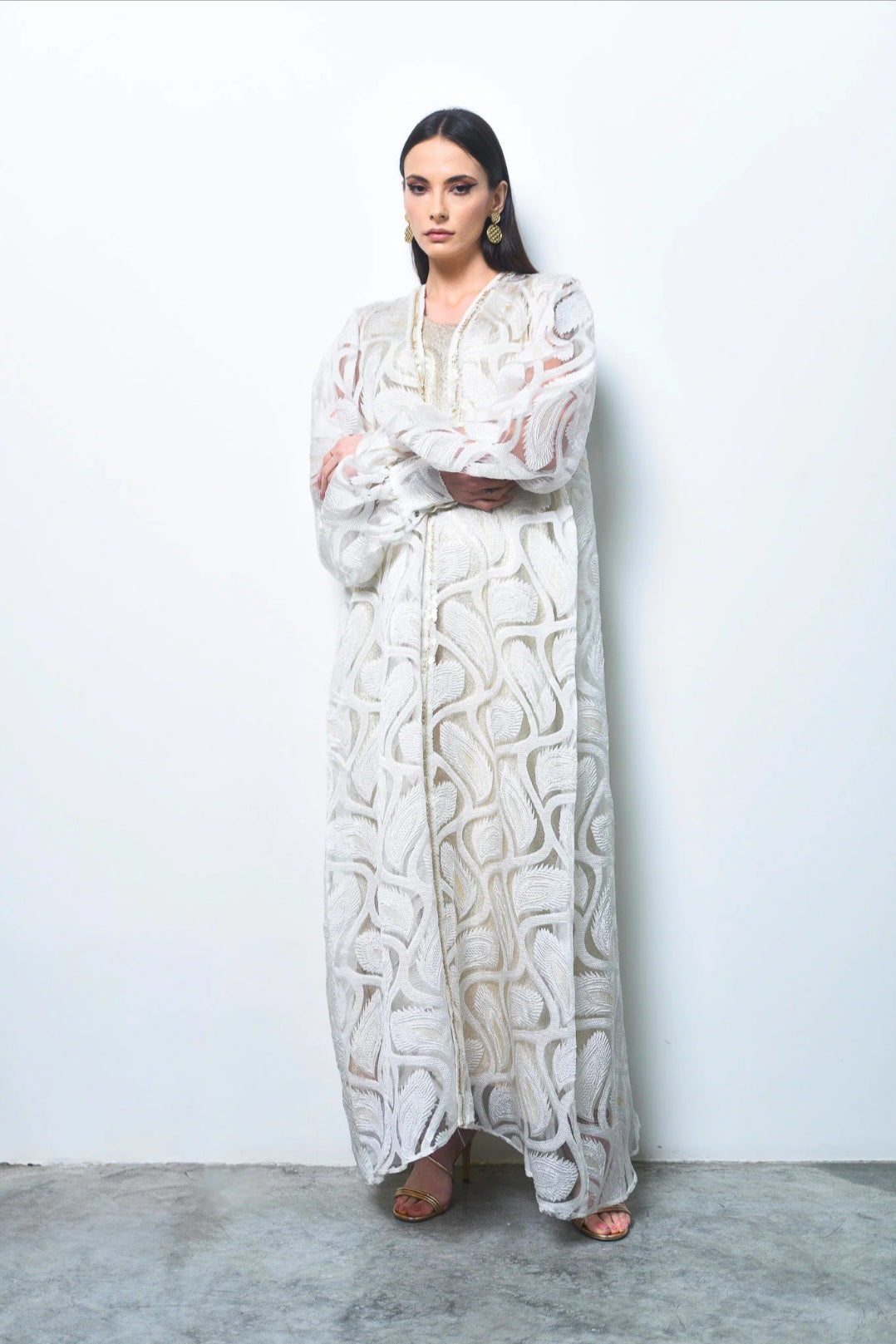 Off White Belted Organza Kaftan