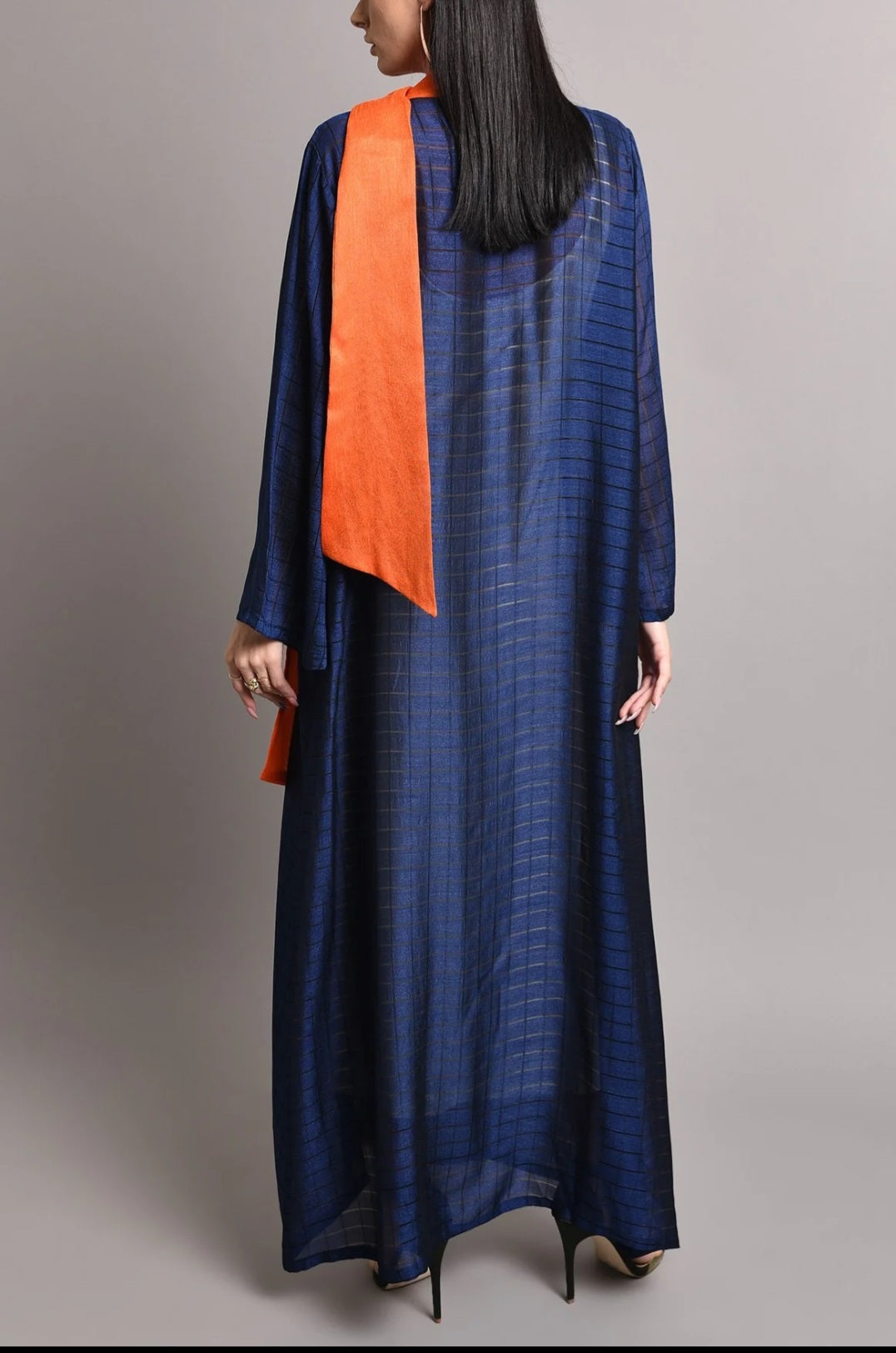 Silk dark blue kaftan with orange bow design