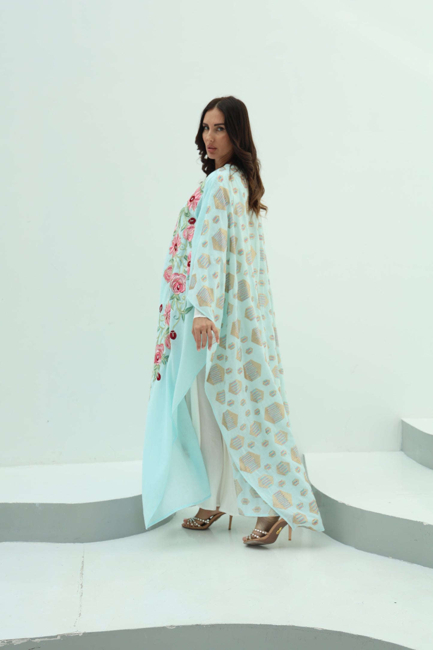 Cotton sky blue abaya – linen embroidered
