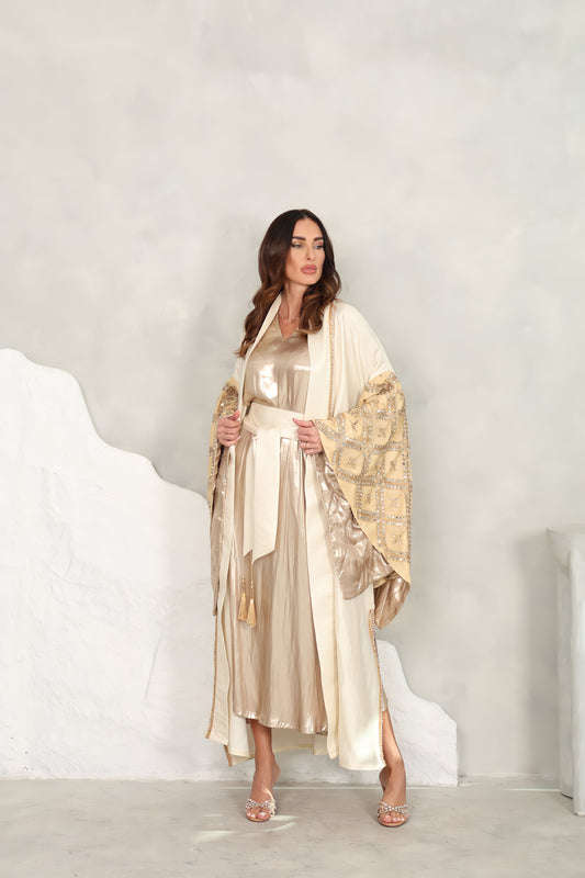 Beige Gold Kaftan With Mirror Embroidery