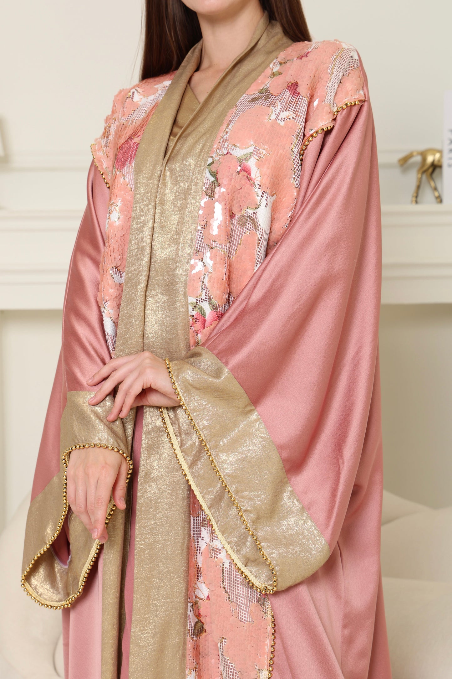 Peach Embroidered Crepe Satin Abaya