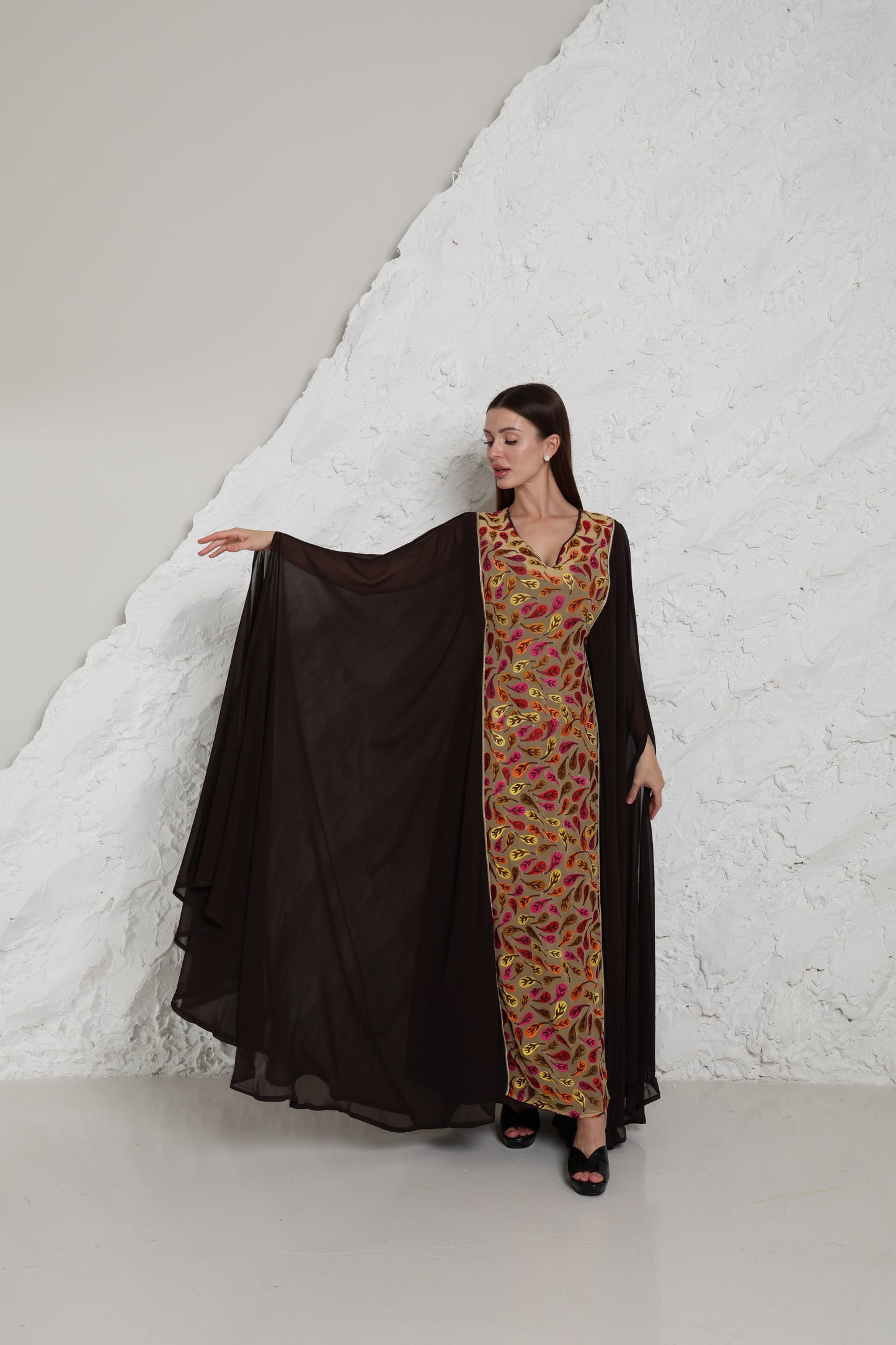 Brown Embroidered Georgette Kaftan