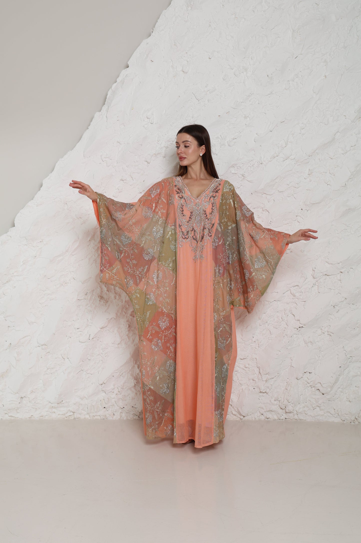 Peach Embroidered Cotton Kaftan