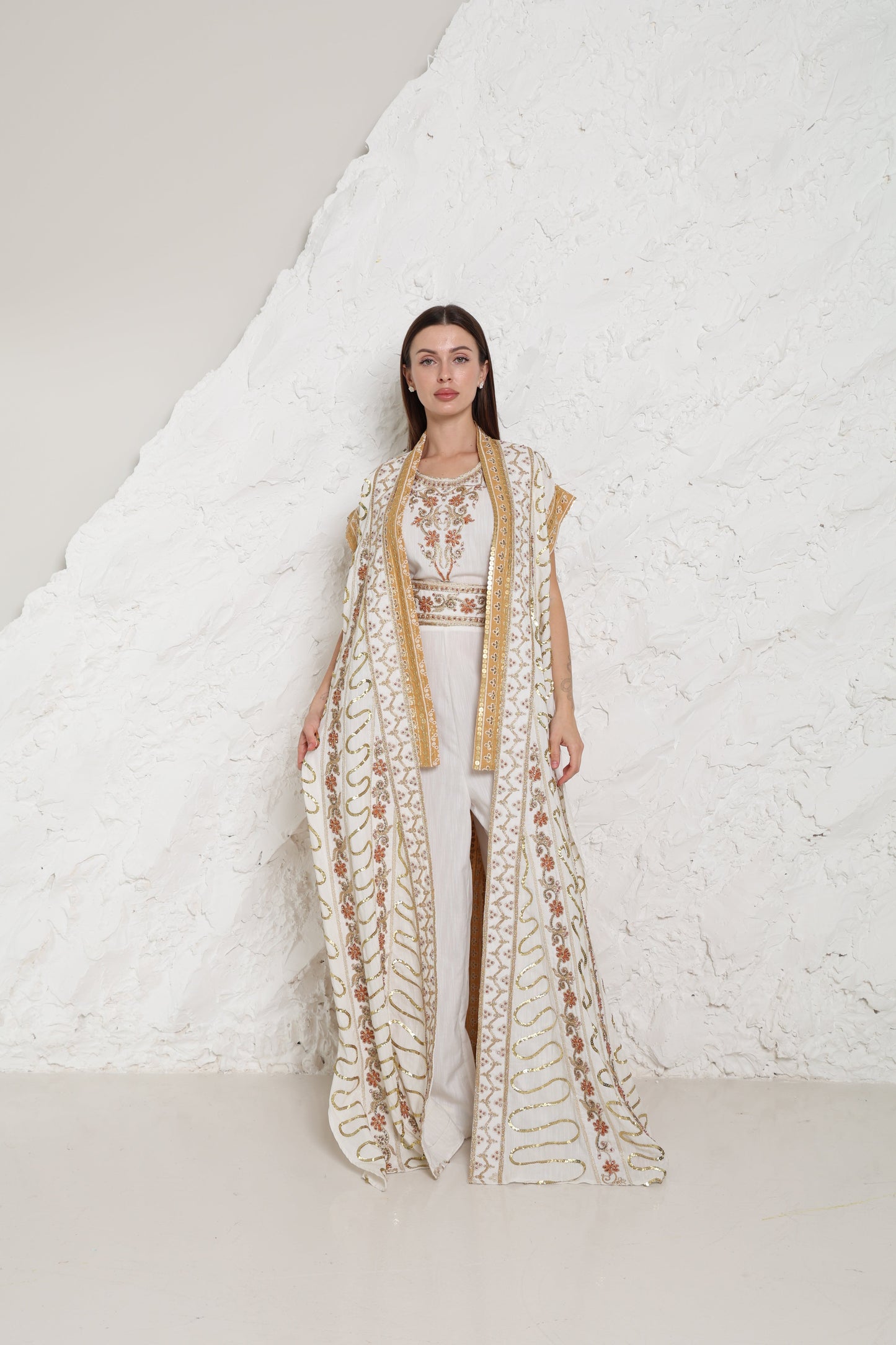 Off White Embroidered Linen Abaya