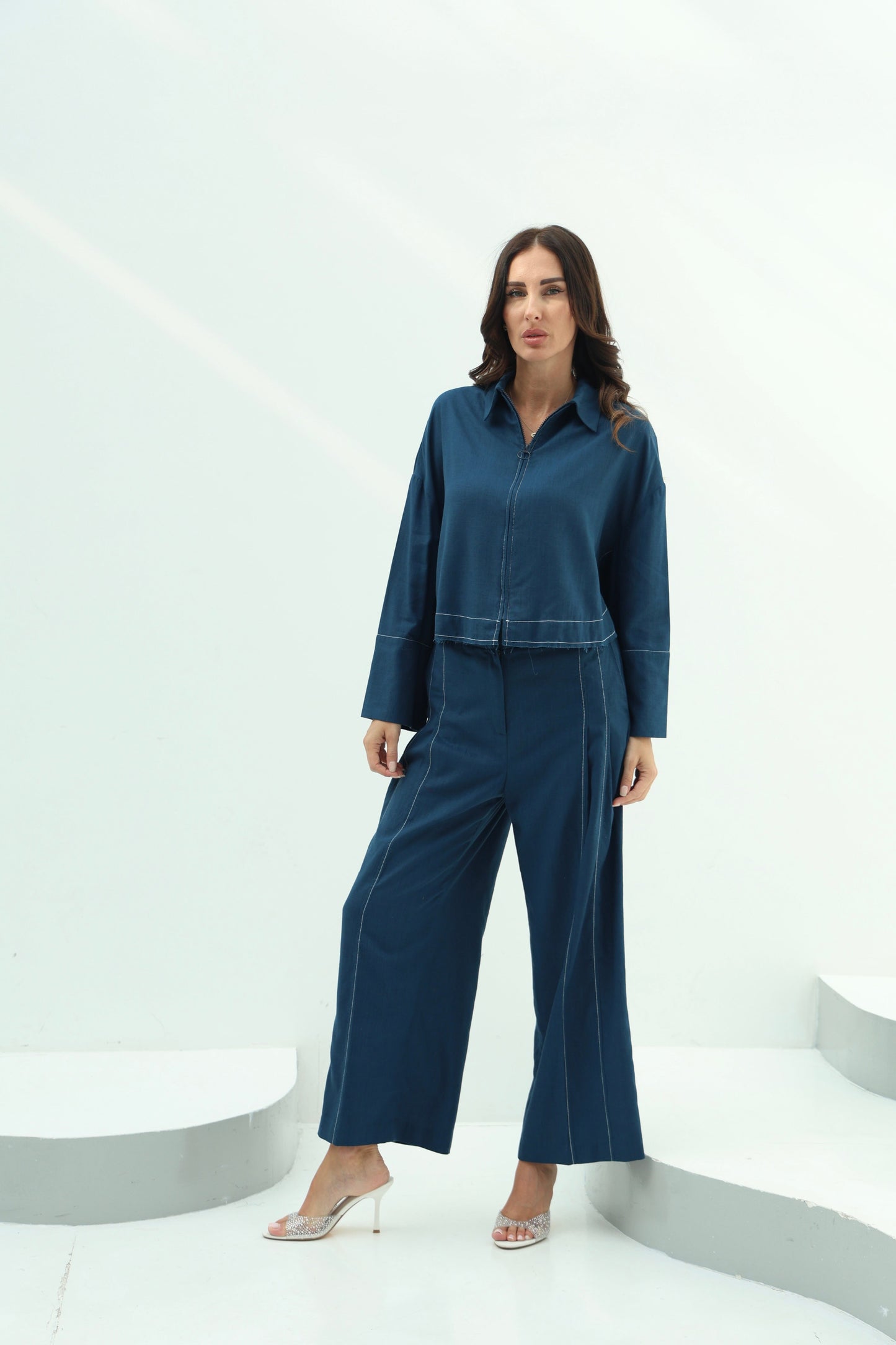 Linen Navy Blue Linen Set – Navy Blue Design featuring vavy blue linen shirt with pants set,featuring a flowing shirt with zi