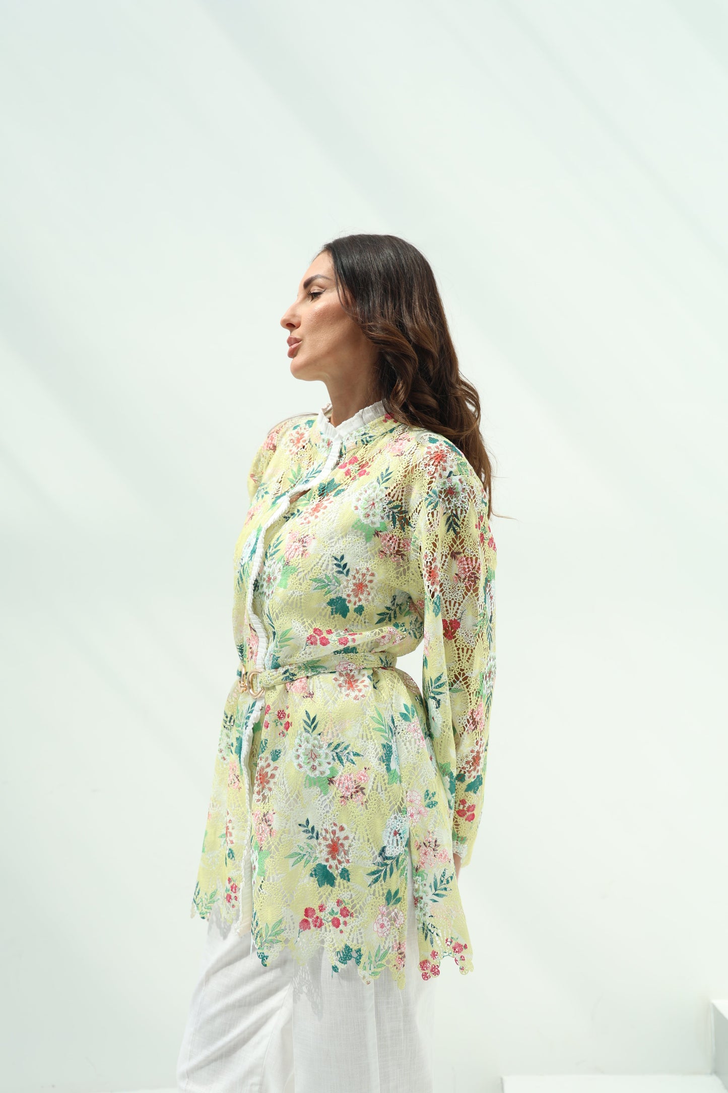 Cotton knit floral shirt set – yellow, white linenpants