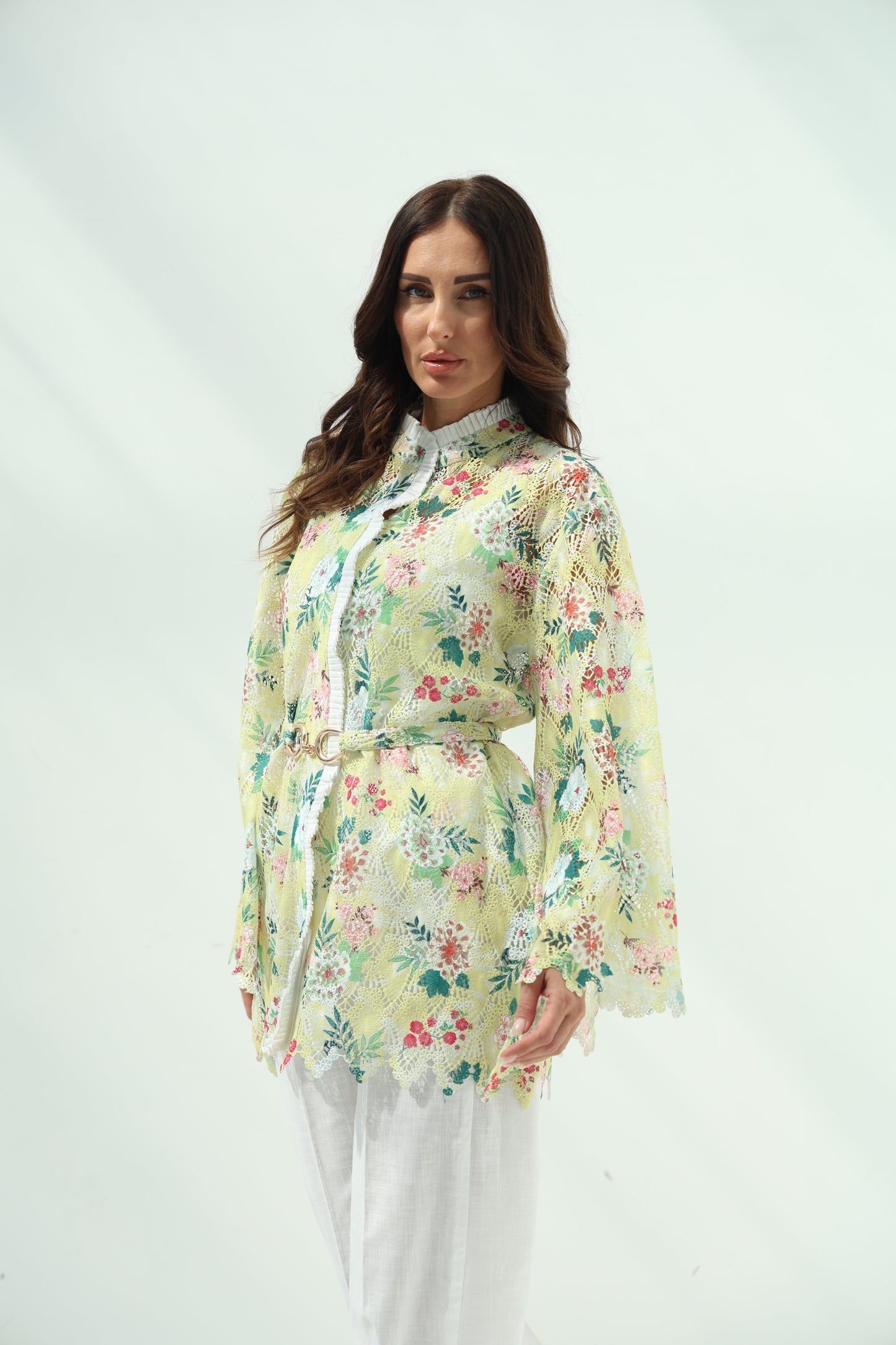 Cotton knit floral shirt set – yellow, white linenpants