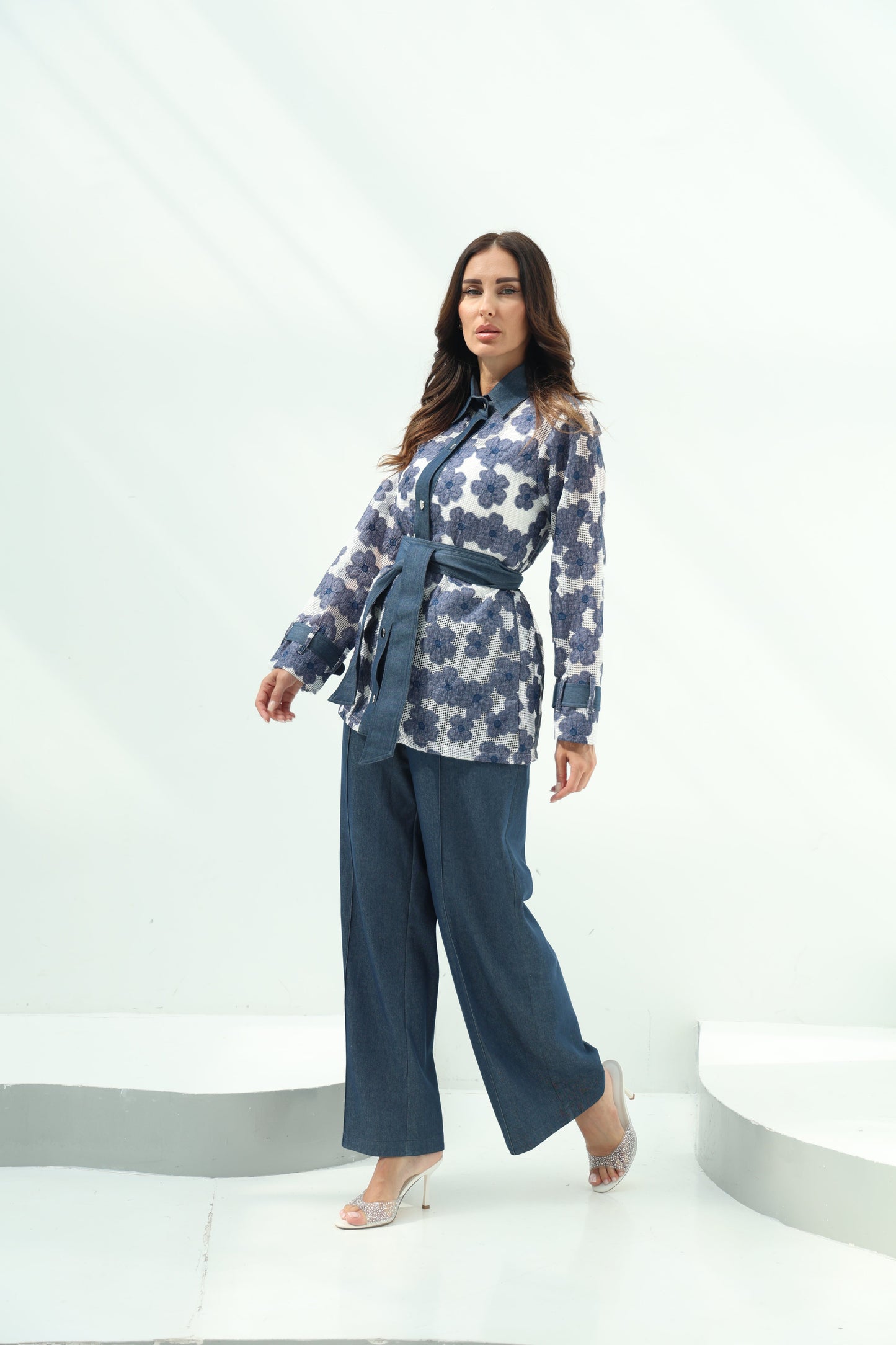 Elegant White Net Shirt & Cotton Pants Set