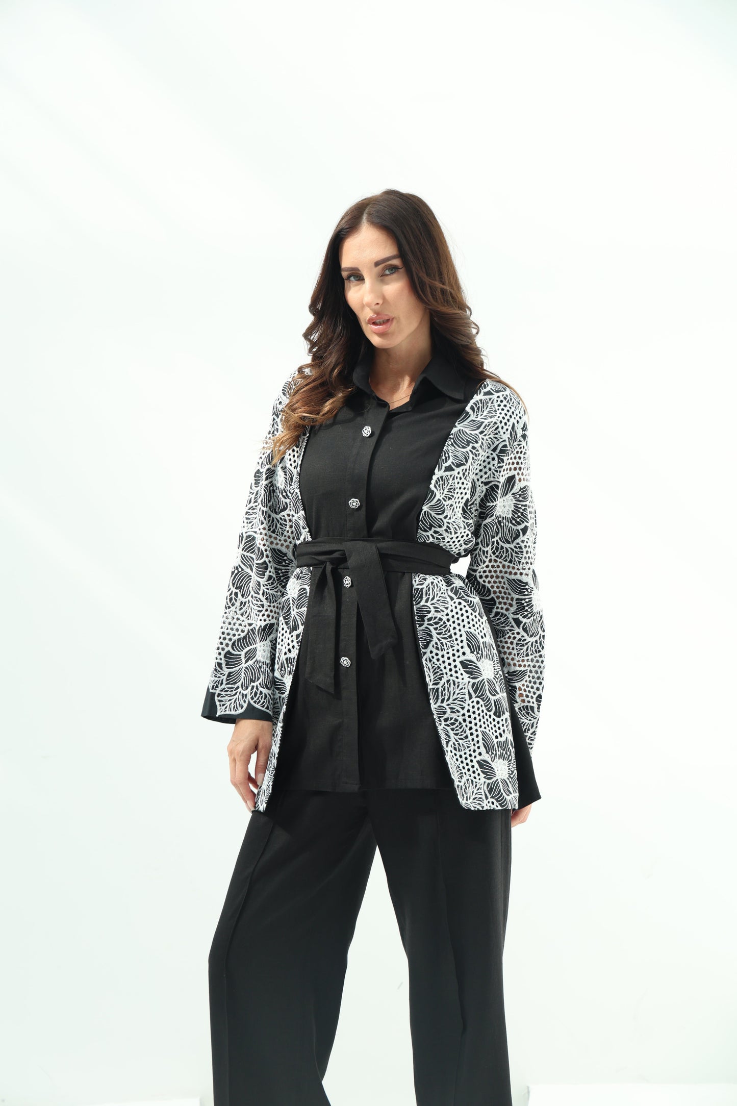 Linen black set – embroidered shirt design