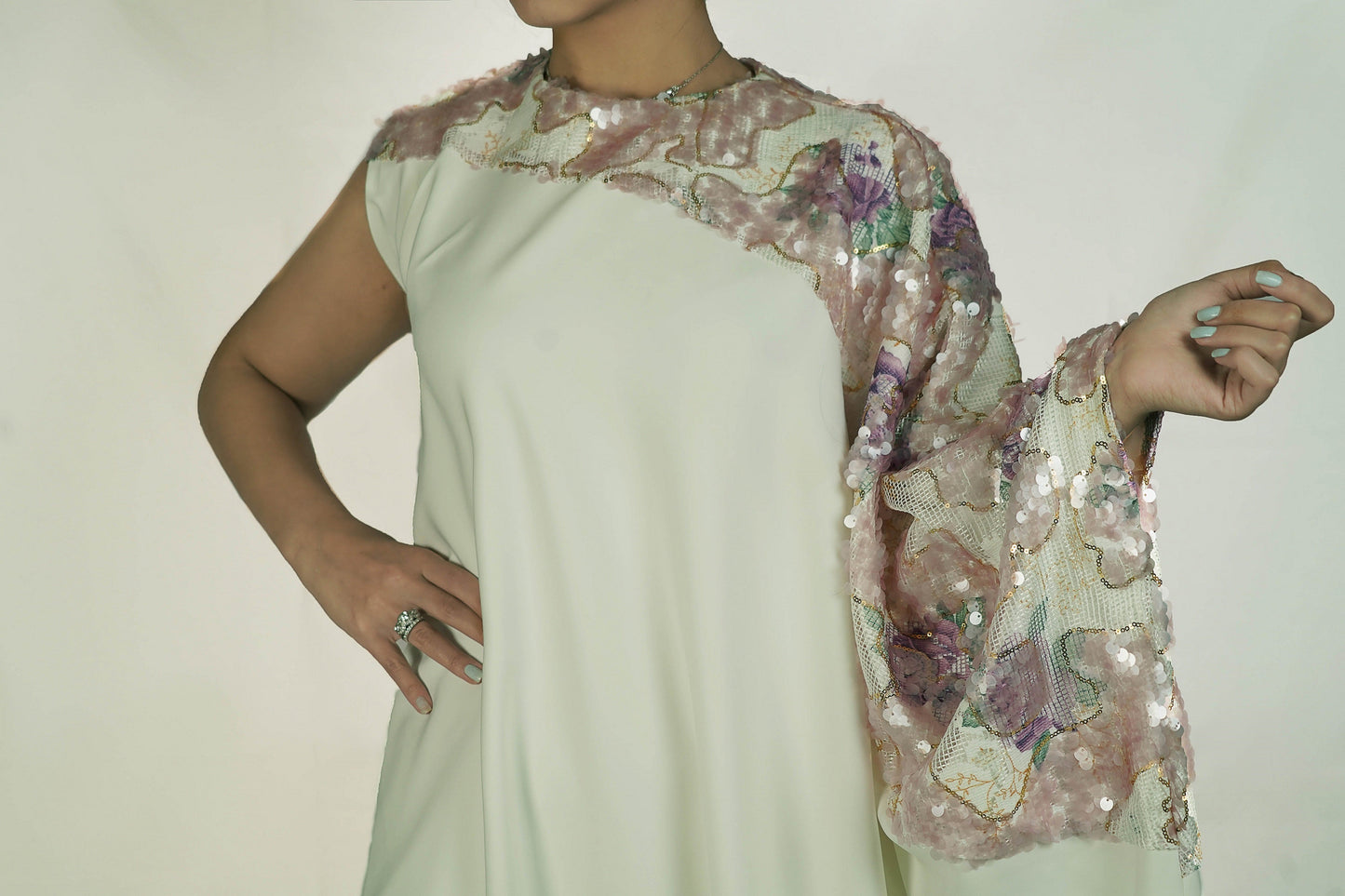 Off White Crepe Caftan Dress With An Embroidered Sequence Sleeve