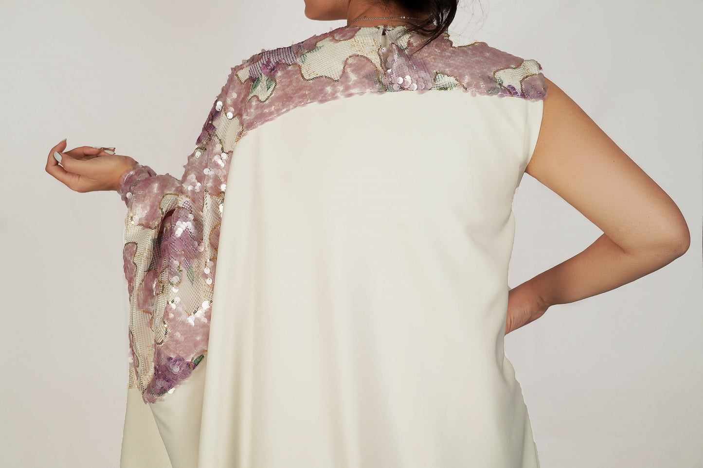 Off White Crepe Caftan Dress With An Embroidered Sequence Sleeve