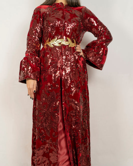 Russet Colour Base, Velvet Caftan Covered With Designed Sequence