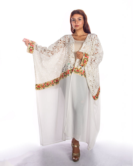 White Dantel Shifon Bisht With Colorful Embroidery