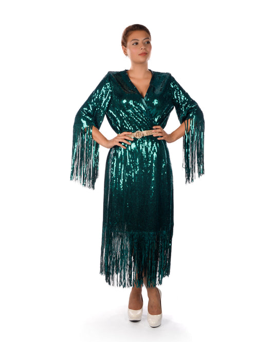 Deep Teal Green Sequins Kaftan Dress With Fringe