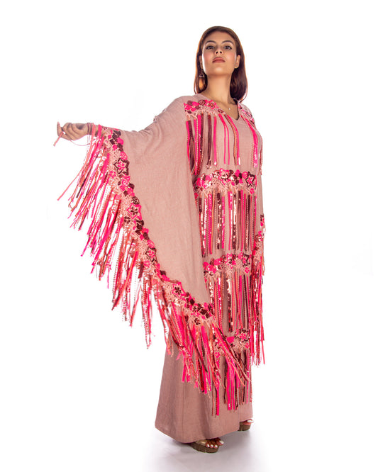 Pink Linen Kaftan Dress With Fuchsia Tassels
