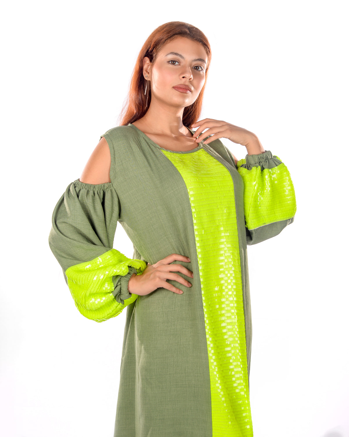 Olive Green Embroidered Kaftan Dress
