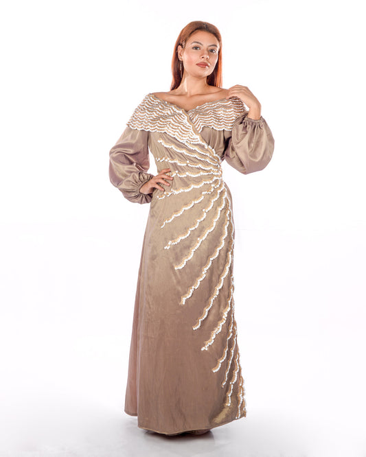 Bronze Kaftan With White Sequence