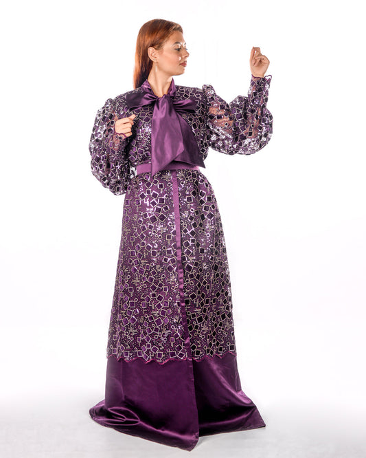 Dark Purple Kaftan With Velvet Square Sequence Embroidery