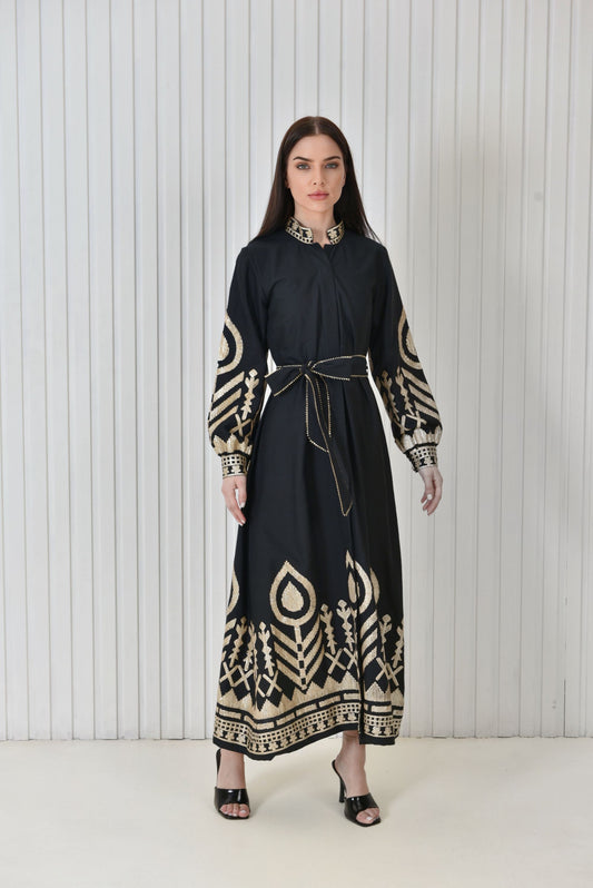 Linen Dress With Golden Embroidery