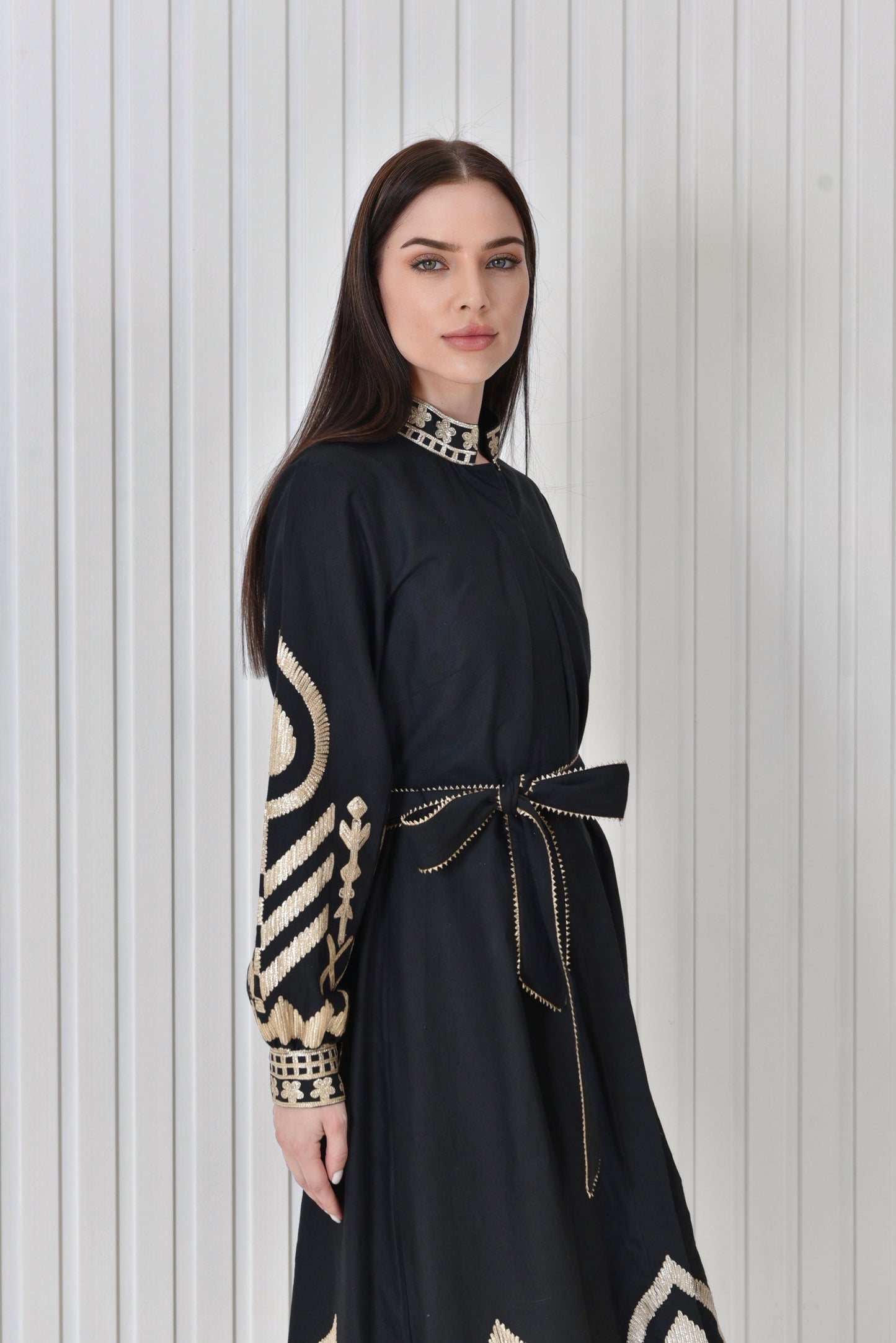 Linen Dress With Golden Embroidery