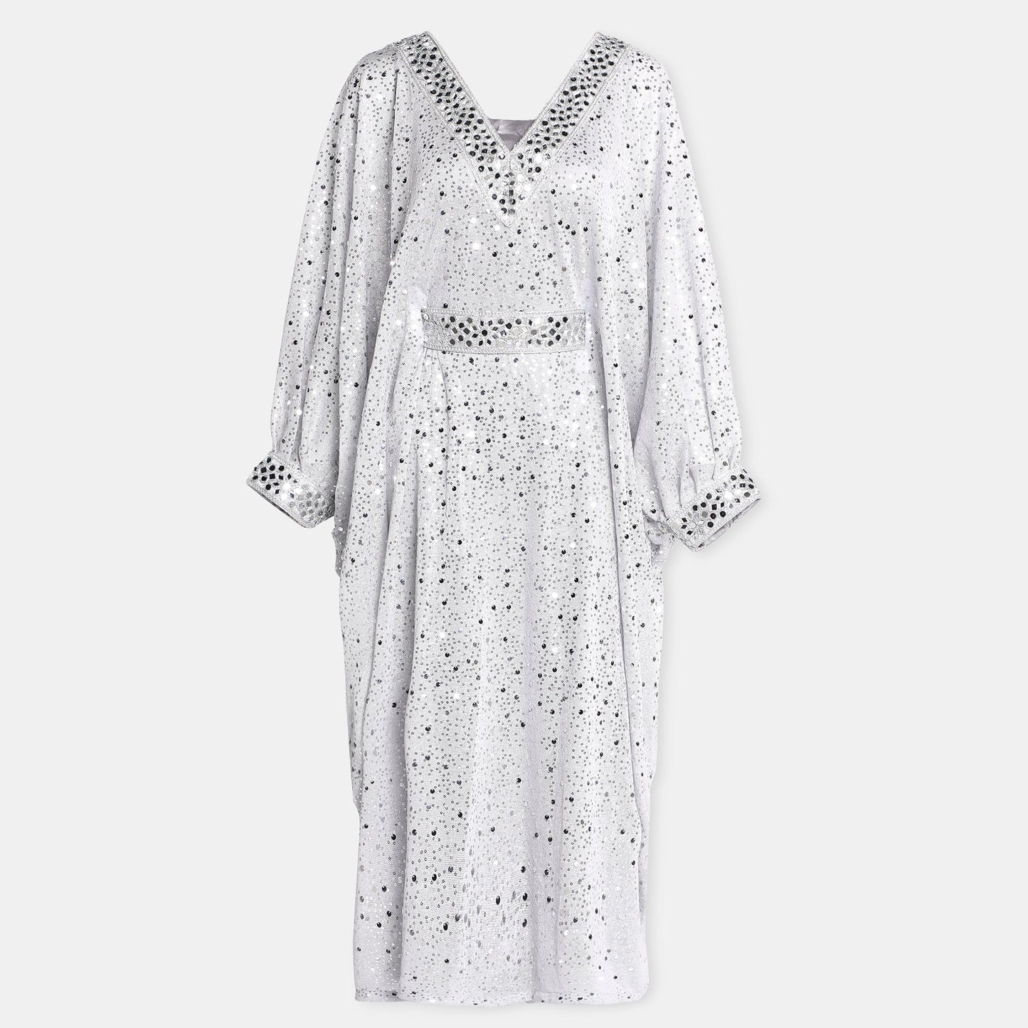 Silver Embellished Kaftan Dress With V Neckline And Billowy Sleeves