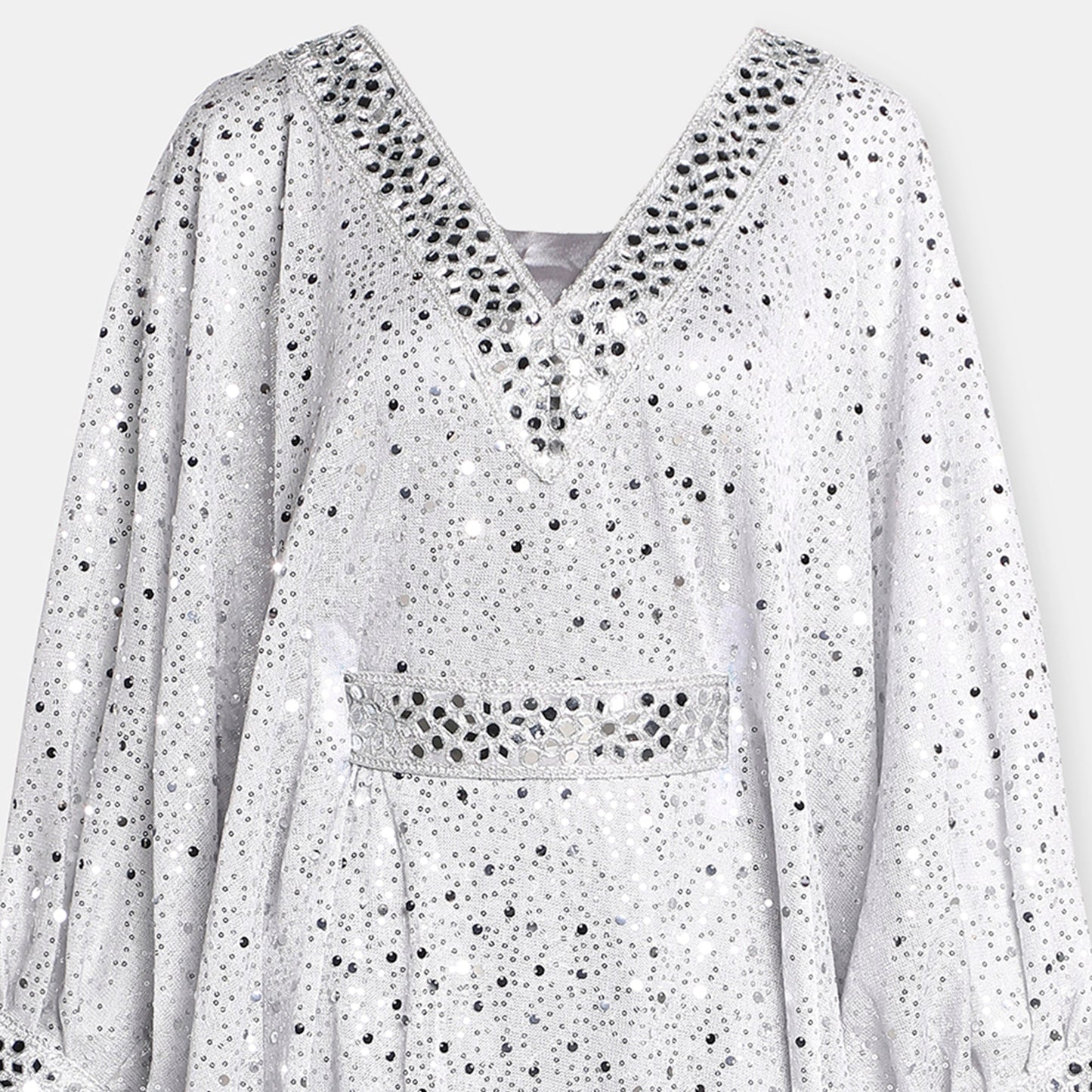 Silver Embellished Kaftan Dress With V Neckline And Billowy Sleeves